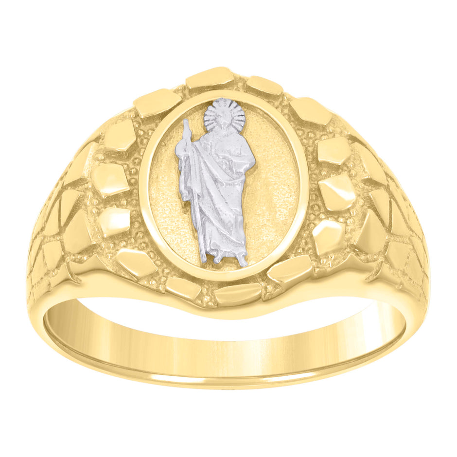 10kt Two-tone Gold Mens St. Jude Religious Nugget Ring