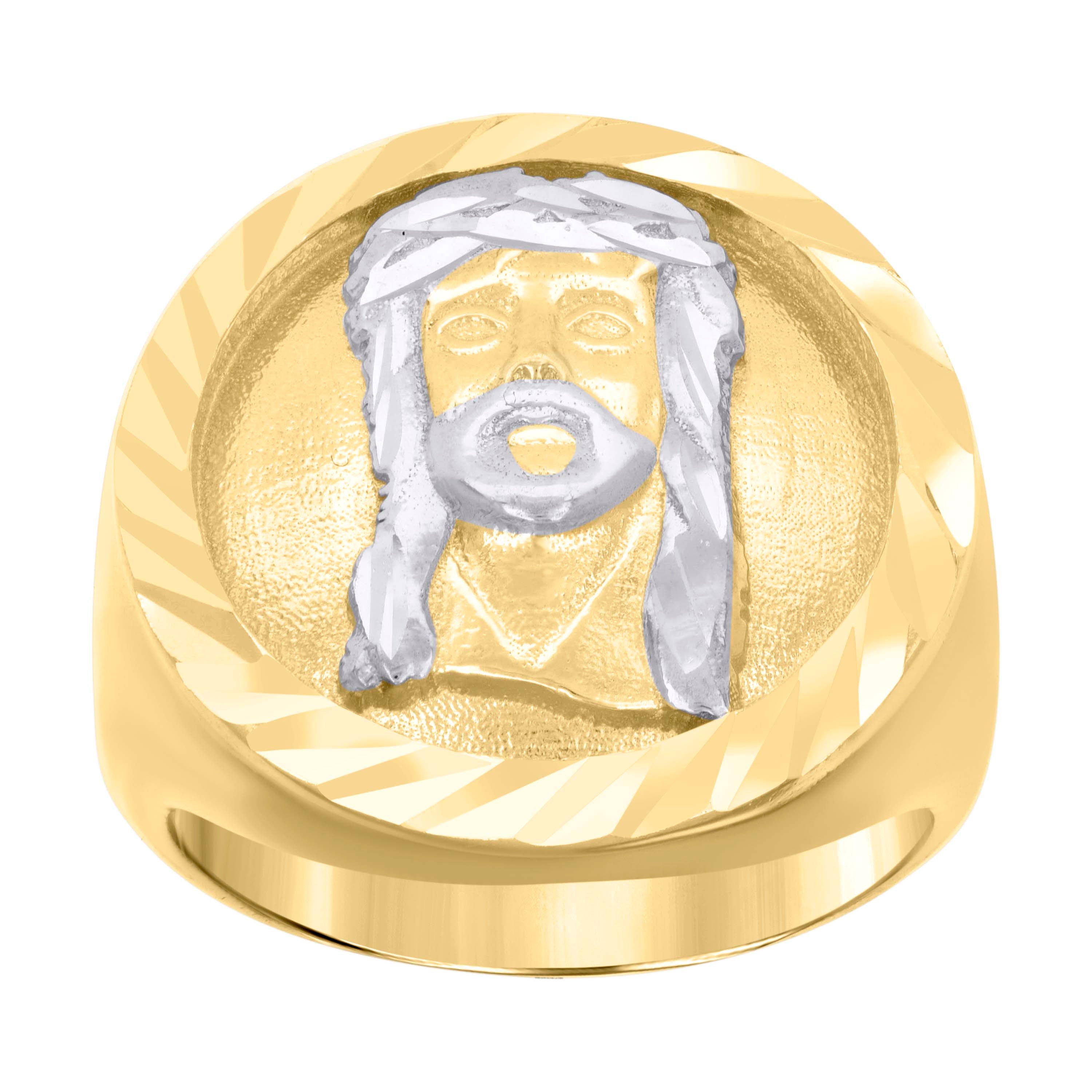 10kt Two-tone Gold Mens Diamond-Cut Jesus Religious Ring 