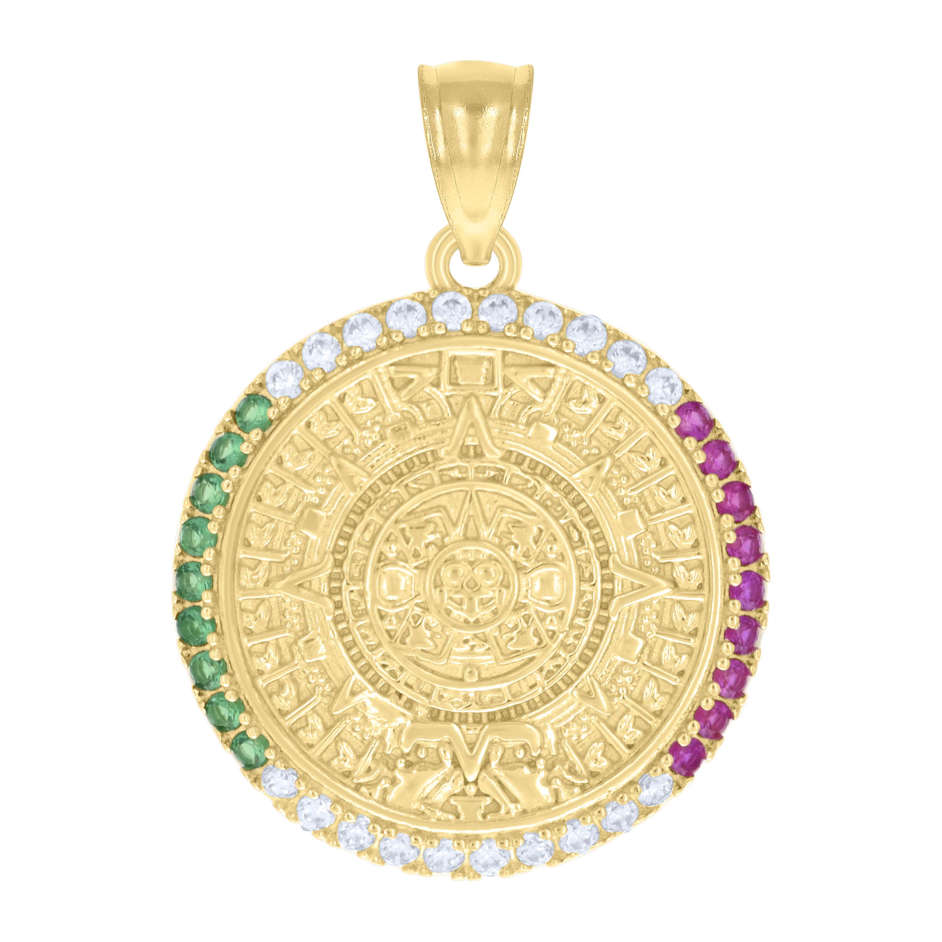 14kt Yellow Gold Mens Green/Pink White Cubic-Zirconia Aztec Calendar Fashion Charm Pendant 