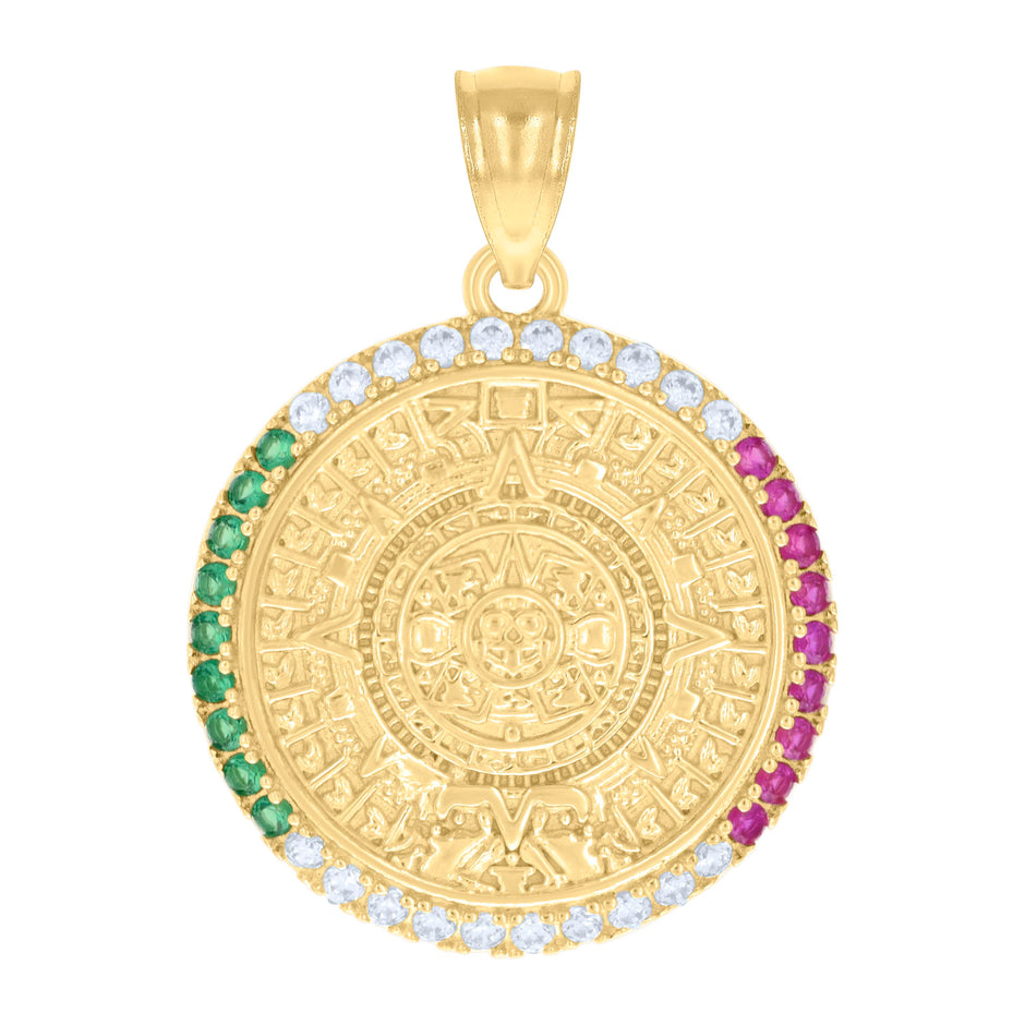 14kt Yellow Gold Mens Green/Pink White Cubic-Zirconia Aztec Calendar Fashion Charm Pendant 