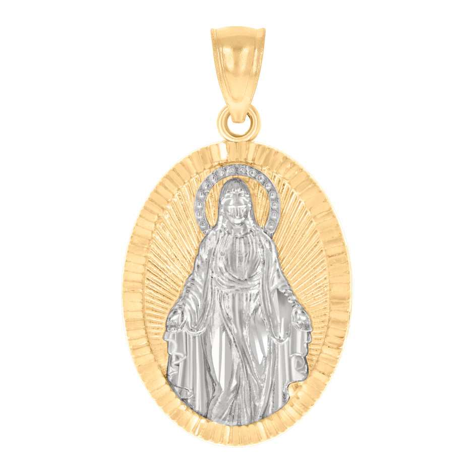 14kt Two-tone Gold Mens Miraculous Medal Virgin Mary Religious Charm Pendant