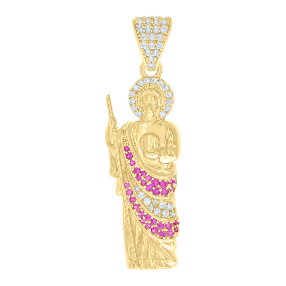 10kt Yellow Gold Mens Pink White Cubic-Zirconia St. Jude Religious Charm Pendant