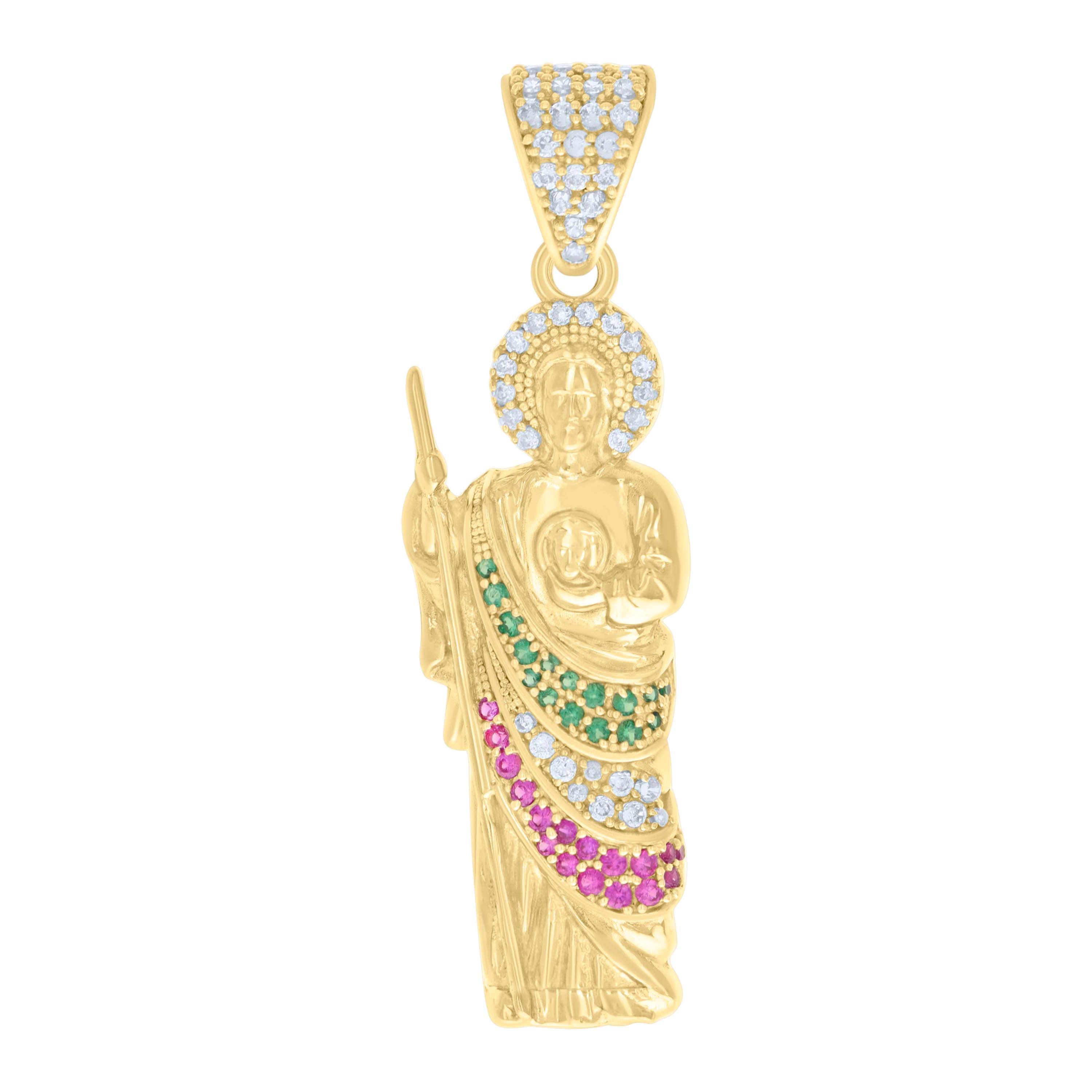 10kt Yellow Gold Mens Green/Purple White Cubic-Zirconia St. Jude Religious Charm Pendant
