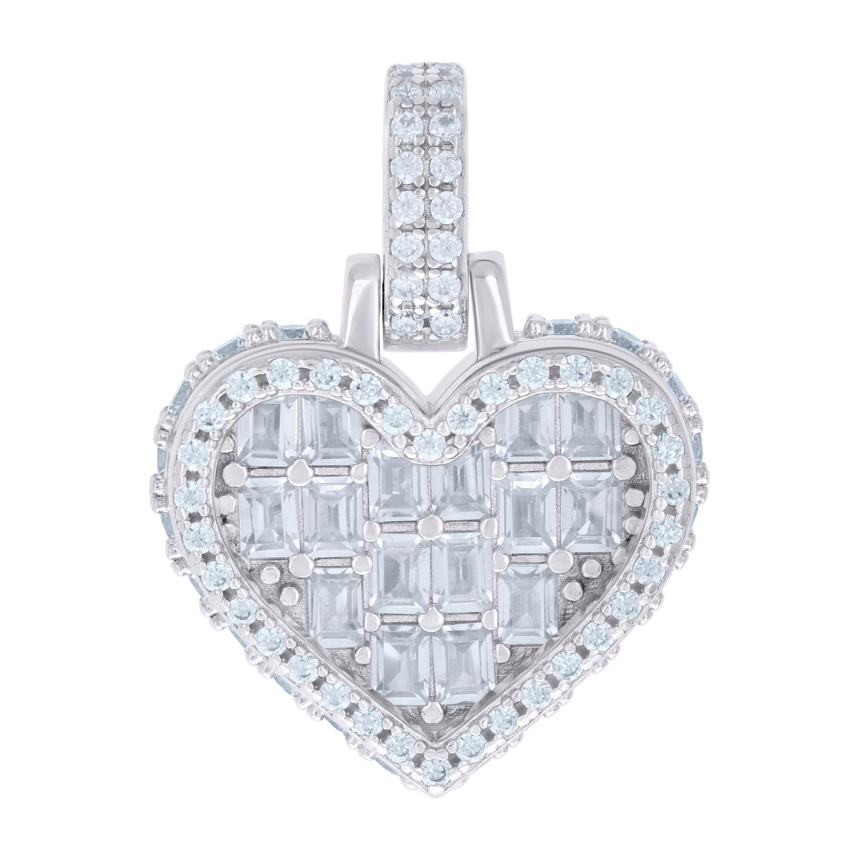 925 Sterling Silver Women Baguette Round Cubic-Zirconia Heart Charm Pendant