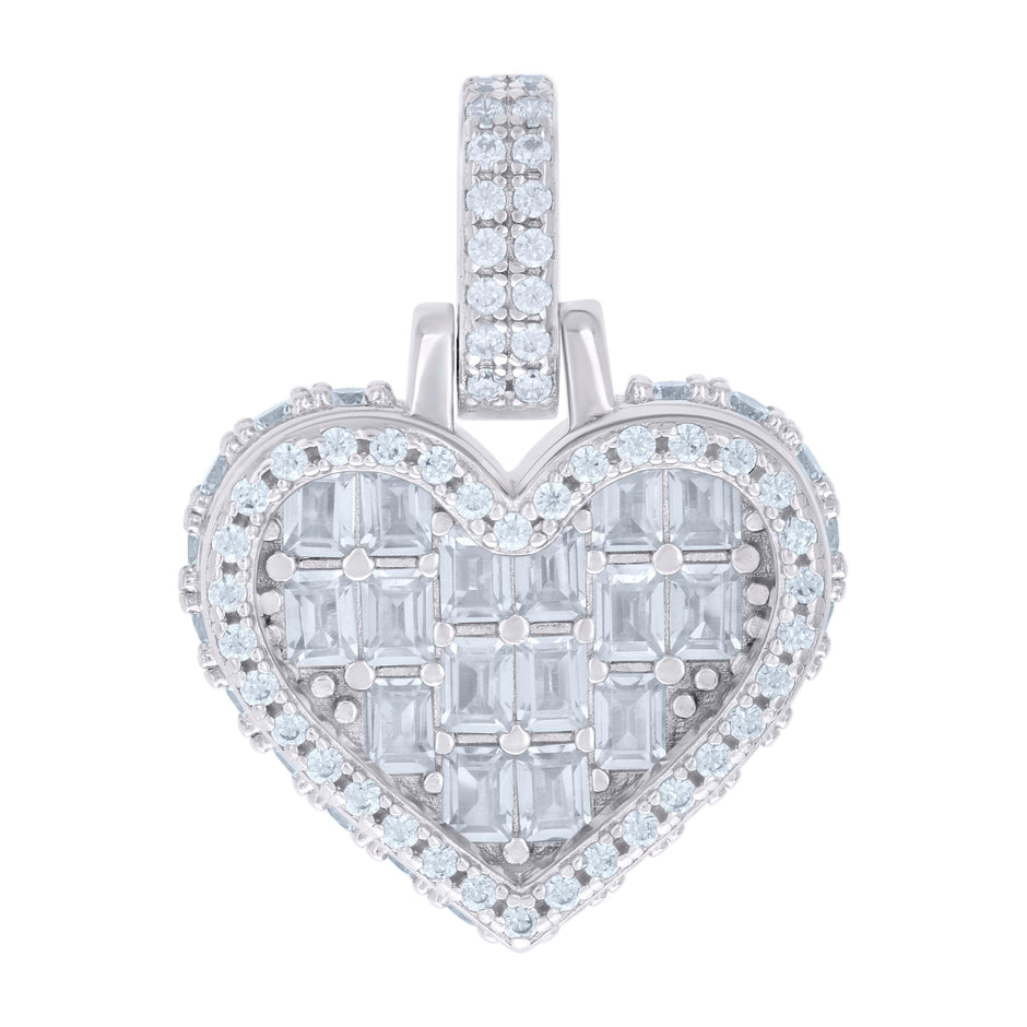 925 Sterling Silver Women Baguette Round Cubic-Zirconia Heart Charm Pendant