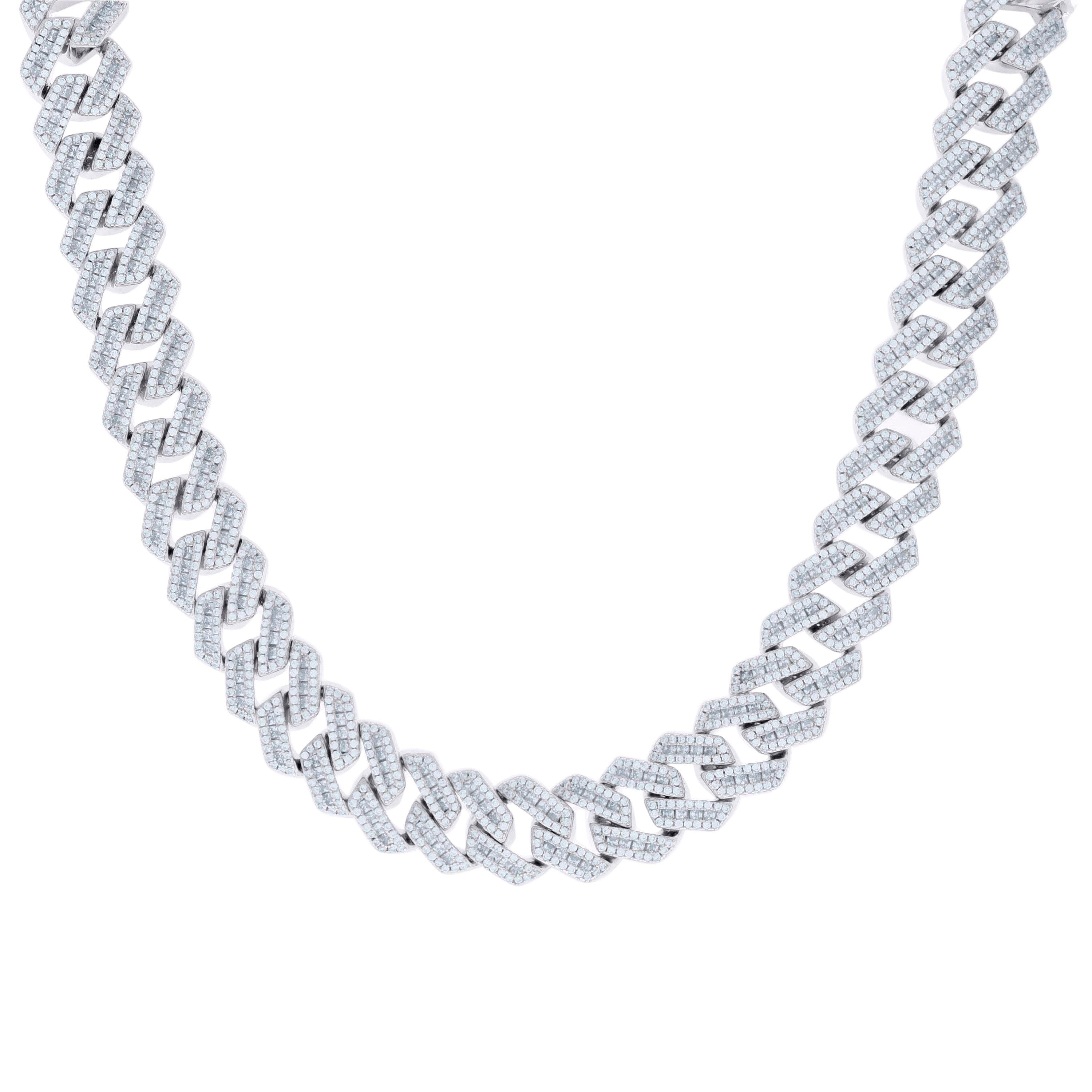 925 Sterling Silver Baguette Round Cubic-Zirconia Fancy Cuban Necklace Size 24 Inches