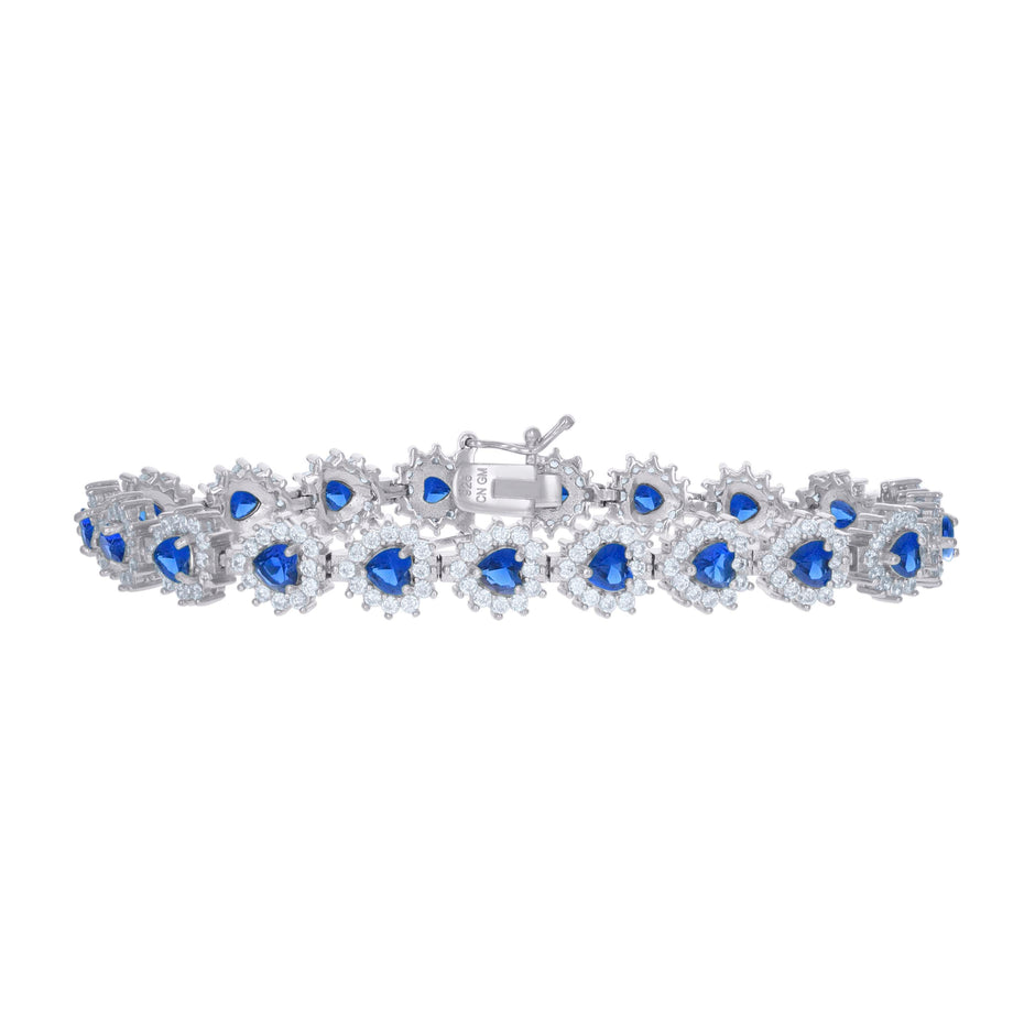 925 Sterling Silver Womens Blue White Cubic-Zirconia Heart Link Fashion Bracelet Size 7 Inches