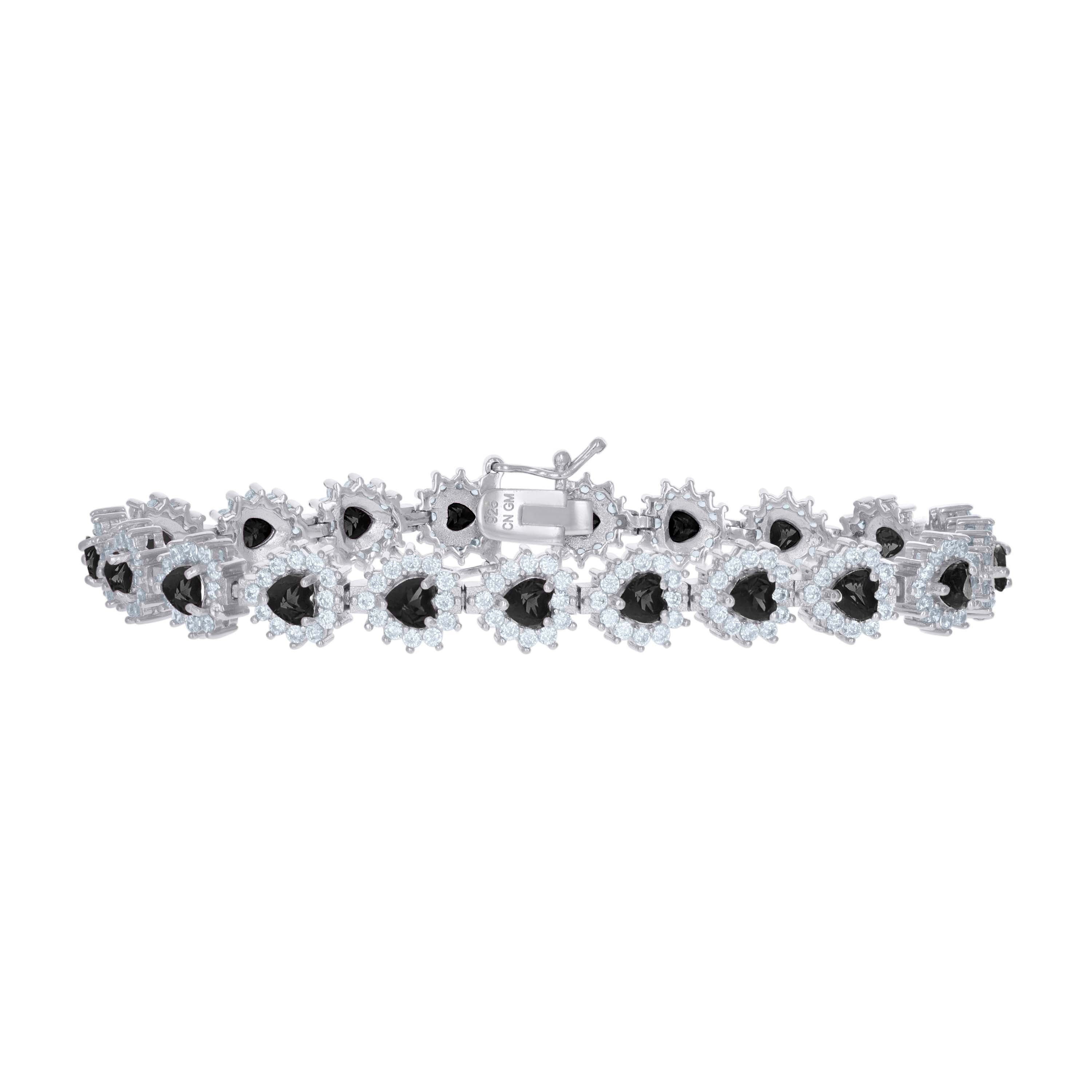925 Sterling Silver Womens Black White Cubic-Zirconia Heart Link Fashion Bracelet Size 7 Inches