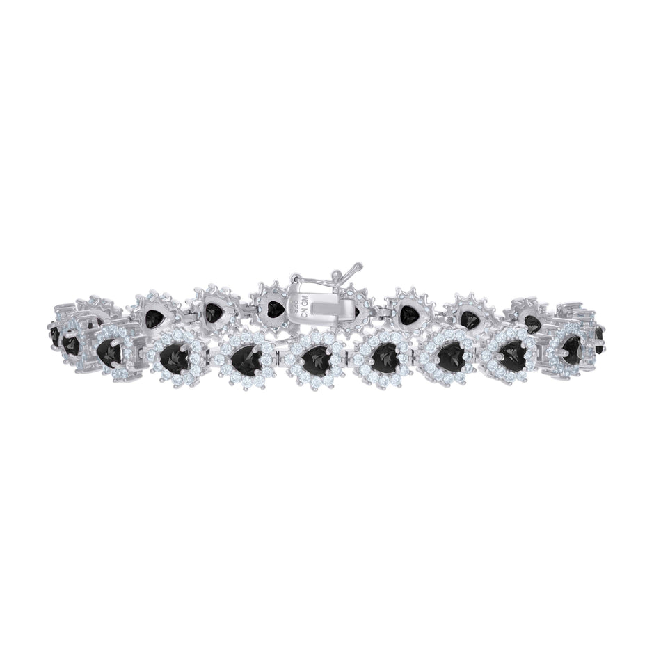 925 Sterling Silver Womens Black White Cubic-Zirconia Heart Link Fashion Bracelet Size 7 Inches
