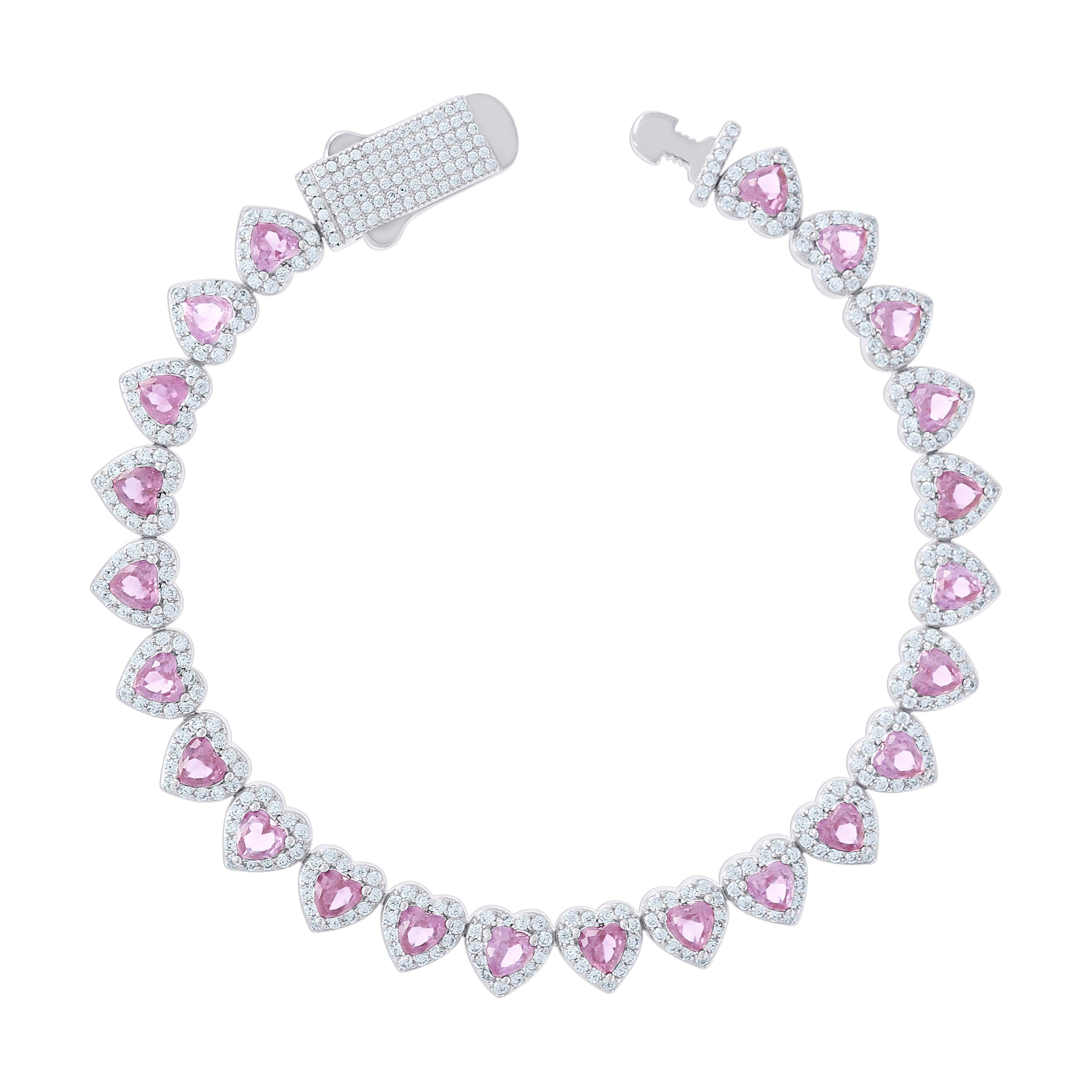 925 Sterling Silver Womens White Pink Heart Round Cubic-Zirconia Hearts Link Bracelet Size 7 Inches