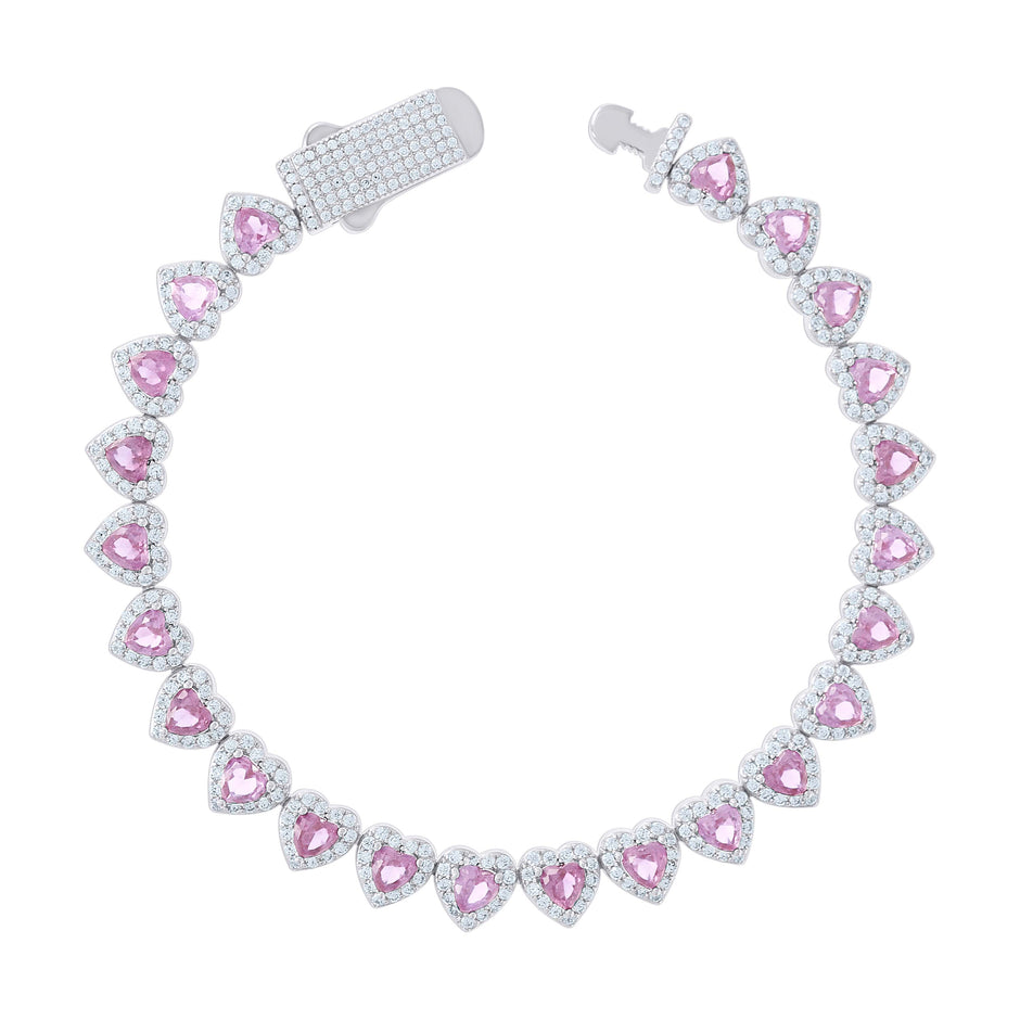 925 Sterling Silver Womens White Pink Heart Round Cubic-Zirconia Hearts Link Bracelet Size 7 Inches