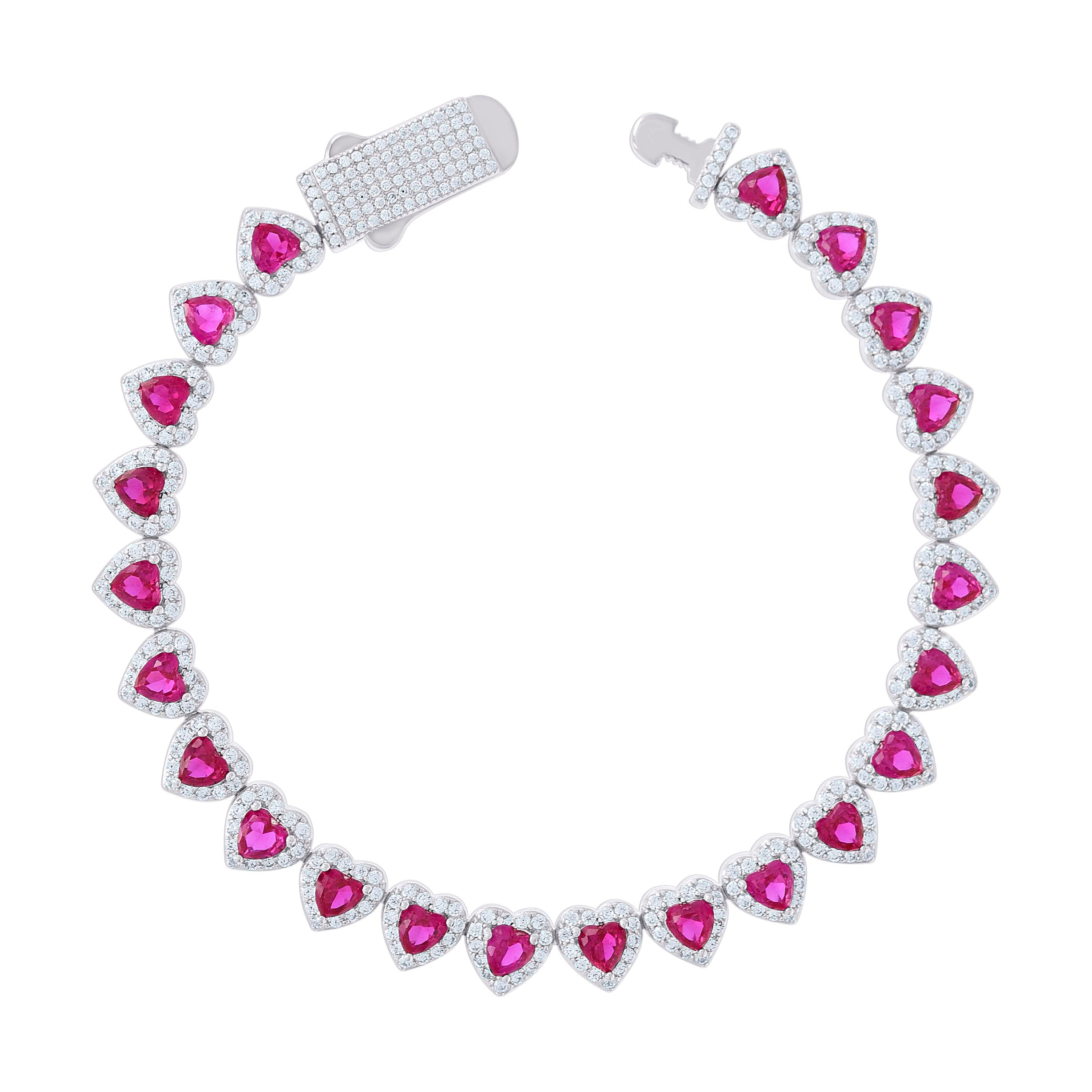 925 Sterling Silver Womens White Pink Round Heart Cubic-Zirconia Hearts Link Bracelet Size 7 Inches