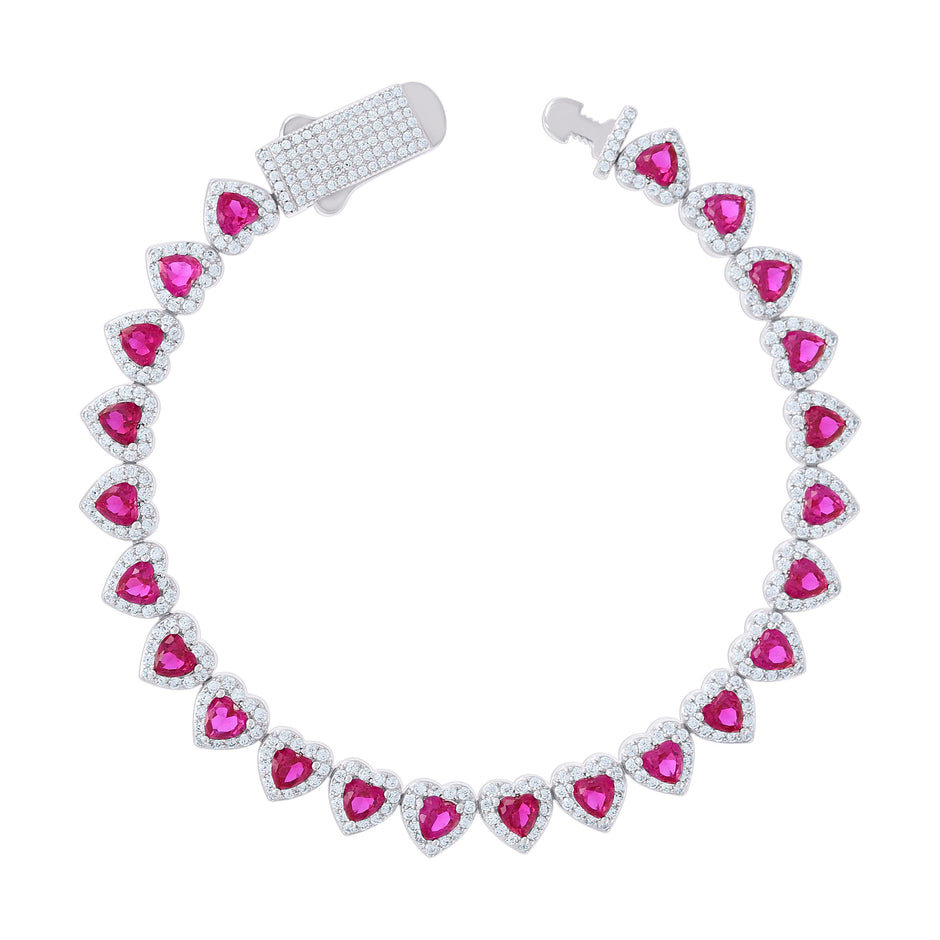 925 Sterling Silver Womens White Pink Round Heart Cubic-Zirconia Hearts Link Bracelet Size 7 Inches
