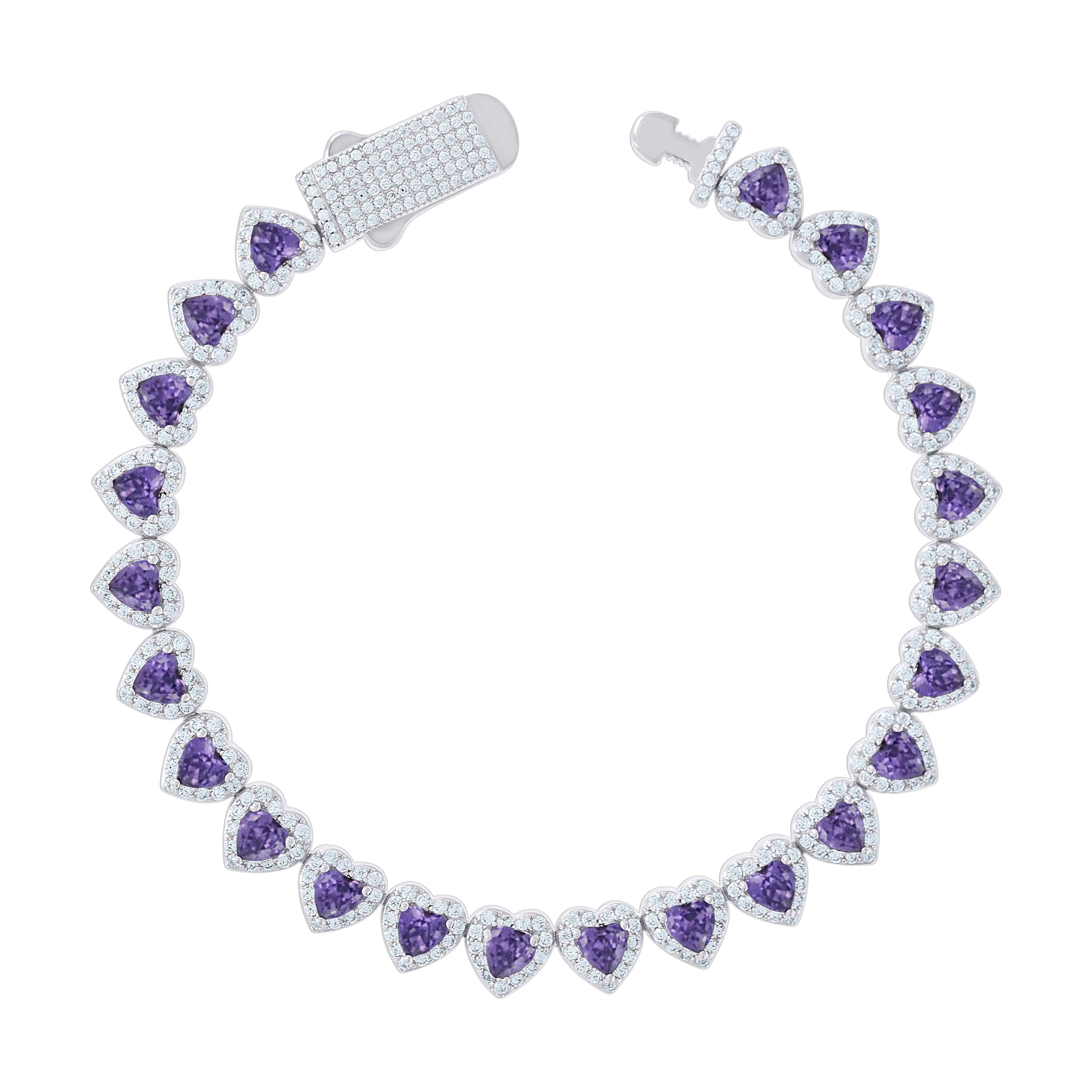 925 Sterling Silver Womens White Purple Heart Round Cubic-Zirconia Hearts Link Bracelet Size 7 Inches
