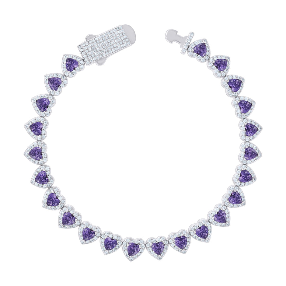 925 Sterling Silver Womens White Purple Heart Round Cubic-Zirconia Hearts Link Bracelet Size 7 Inches
