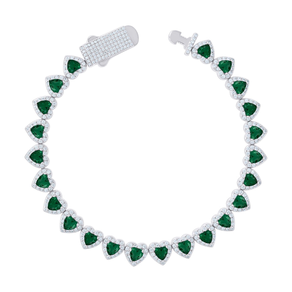 925 Sterling Silver Womens White Green Heart Round Cubic-Zirconia Hearts Link Bracelet Size 7 Inches