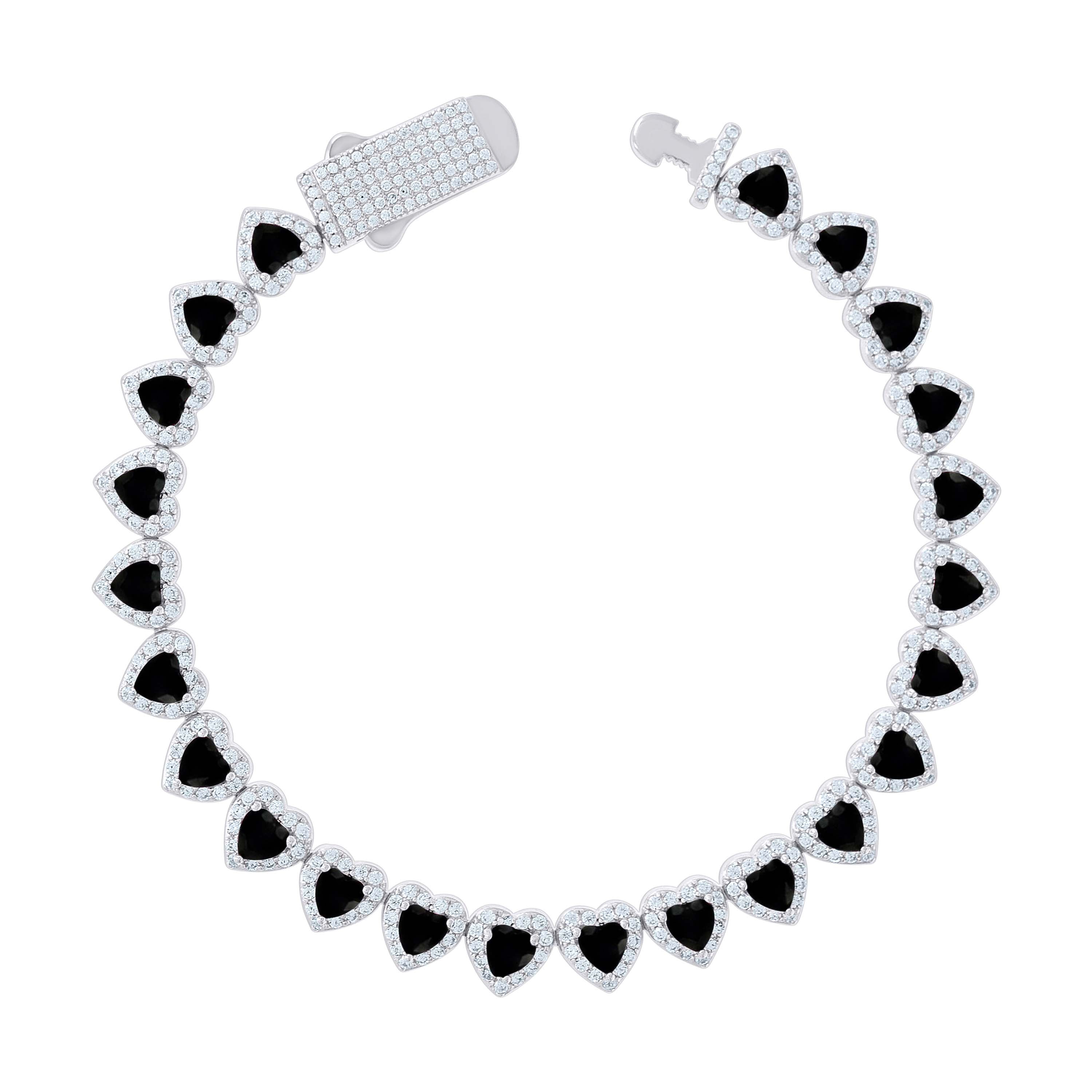 925 Sterling Silver Womens White Black Heart Round Cubic-Zirconia Hearts Link Bracelet Size 7 Inches