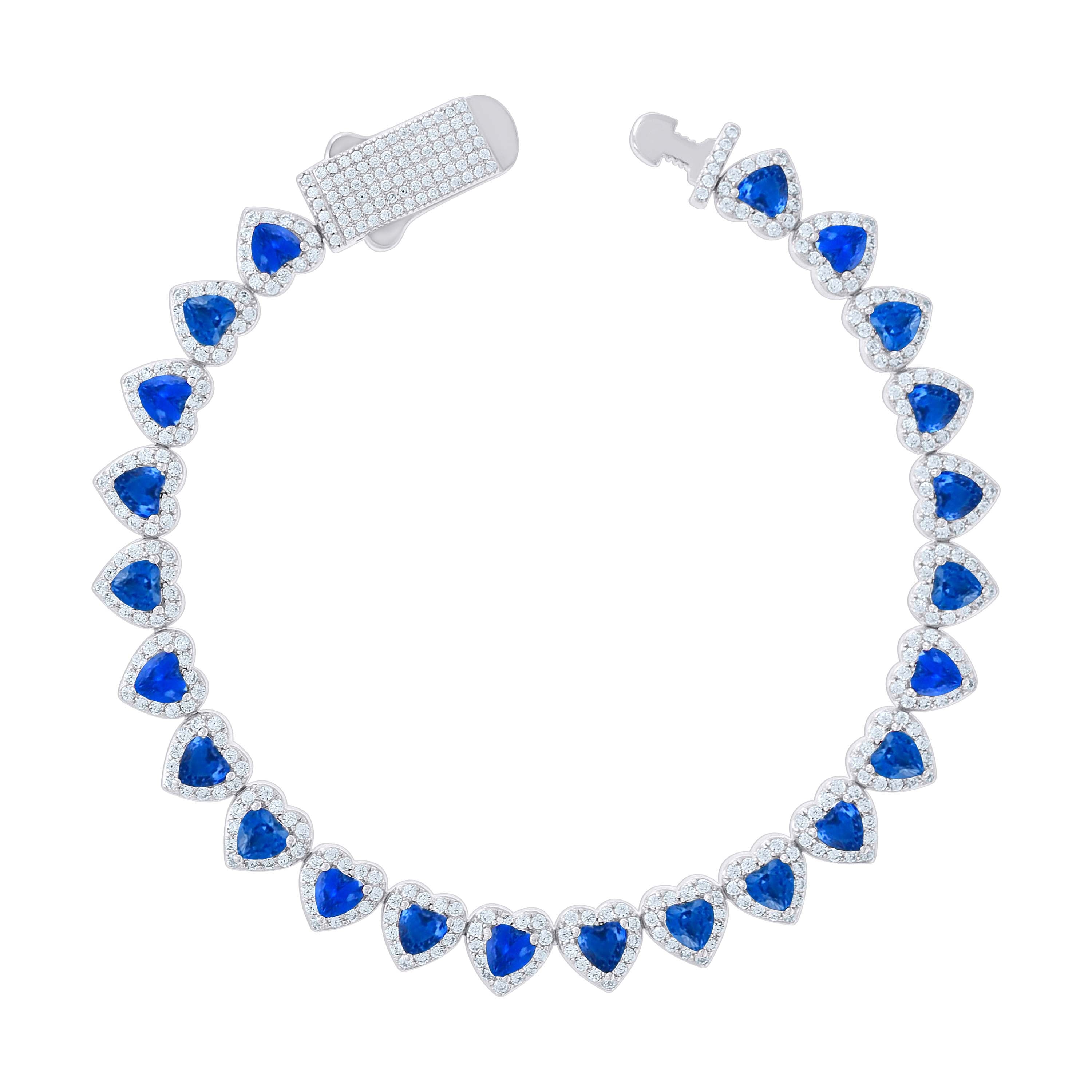 925 Sterling Silver Womens White Blue Heart Round Cubic-Zirconia Hearts Link Bracelet Size 7 Inches