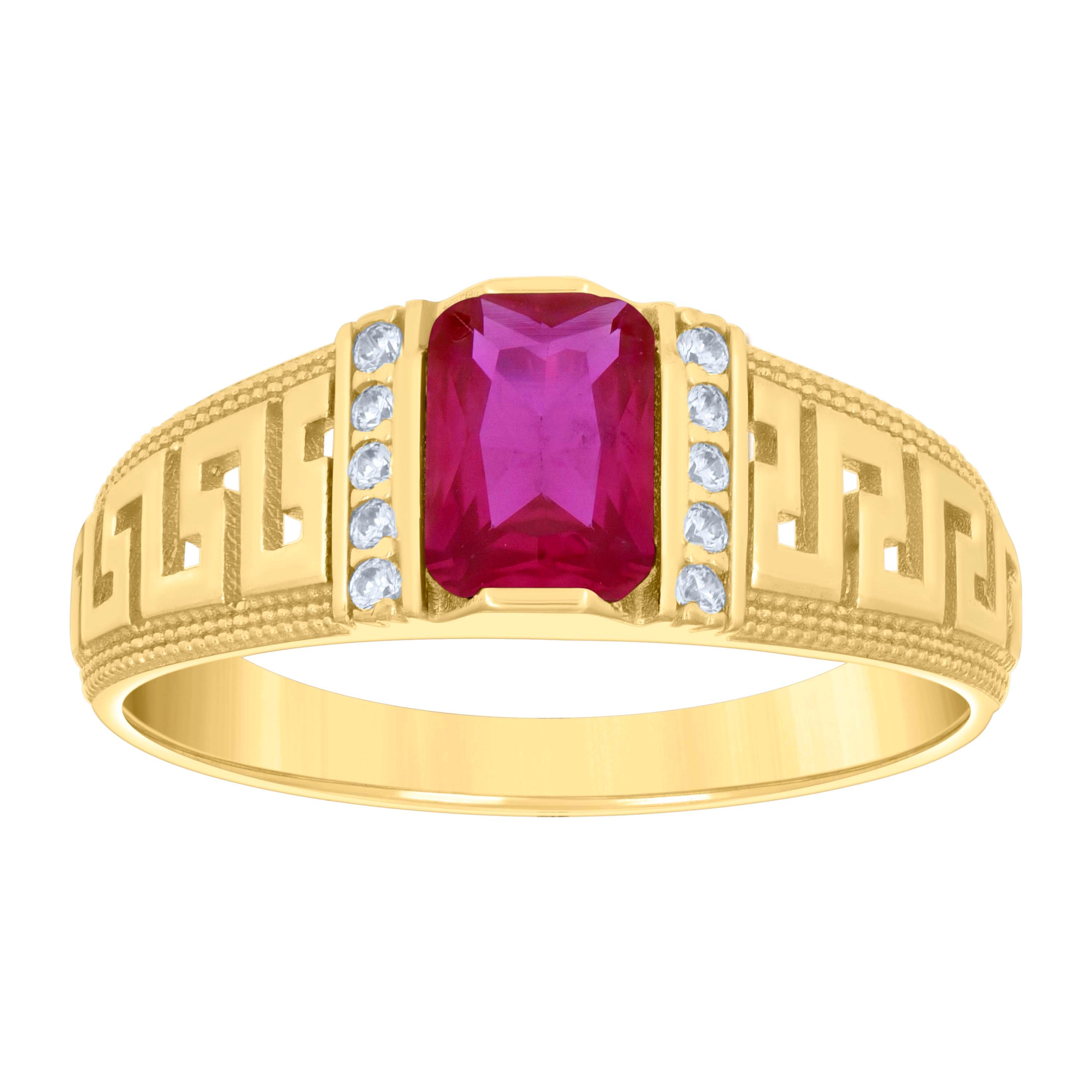 10kt Yellow Gold Womens Pink White Emerald Round Cubic-Zirconia Greek Key Sides Fashion Ring 
