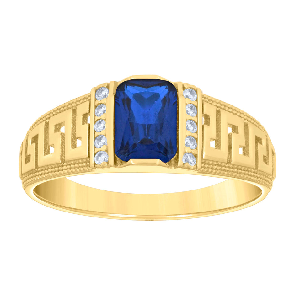 10kt Yellow Gold Womens Blue White Emerald Round Cubic-Zirconia Greek Key Sides Fashion Ring 