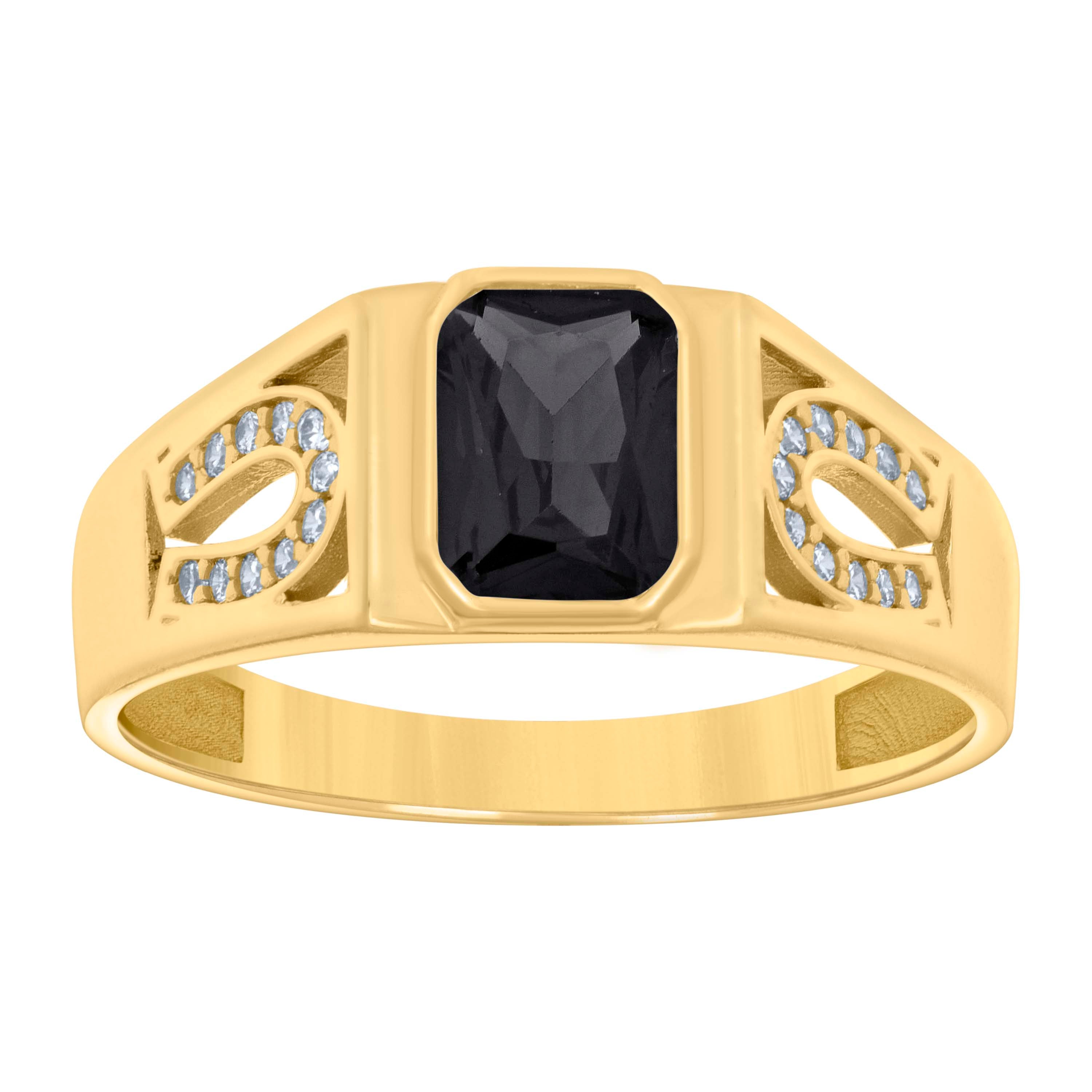 10kt Yellow Gold Womens Black White Emerald Round Cubic-Zirconia Horseshoe Sides Fashion Ring 