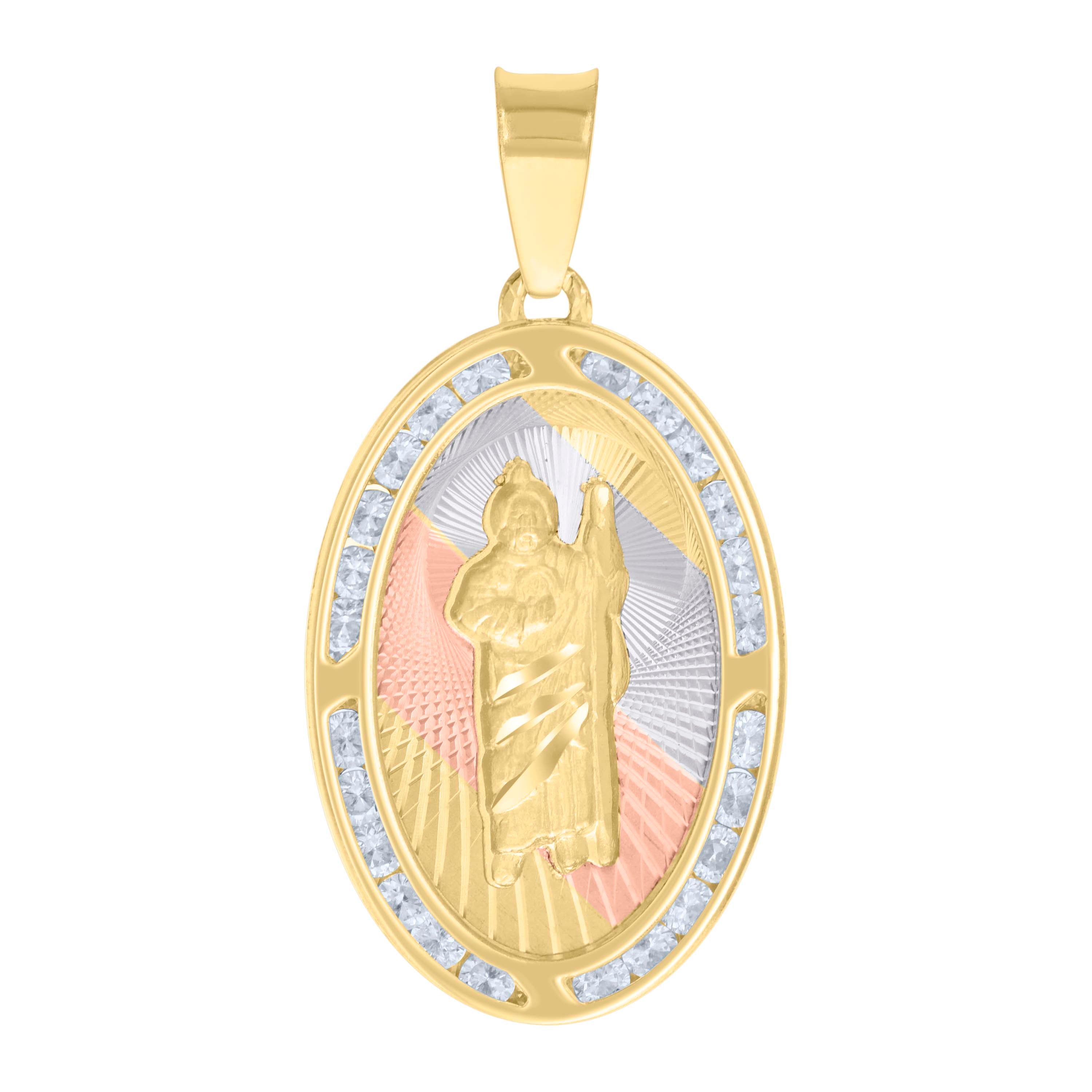 10kt Tri-Color Gold Unisex Cubic-Zirconia Diamond-Cut St. Jude Religious Pendant 
