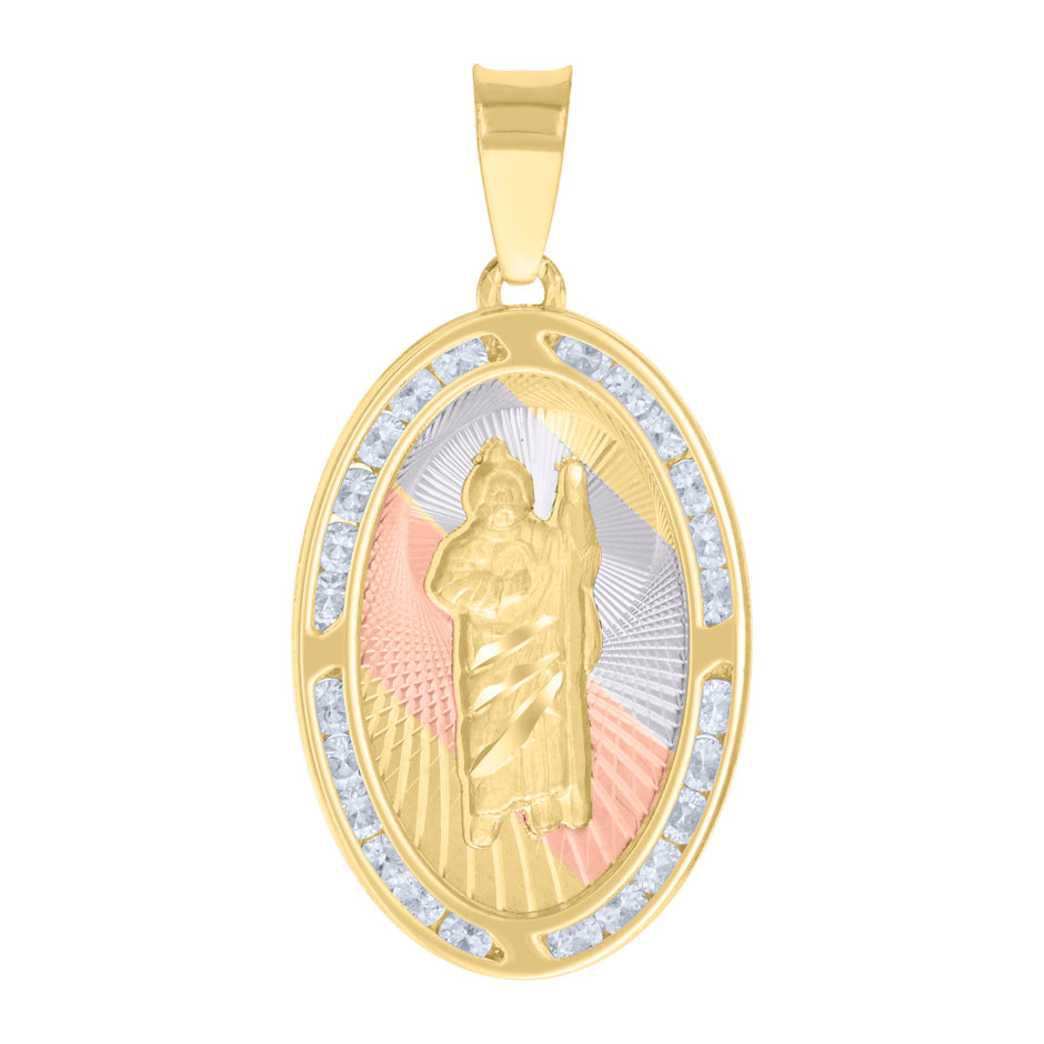 10kt Tri-Color Gold Unisex Cubic-Zirconia Diamond-Cut St. Jude Religious Pendant 