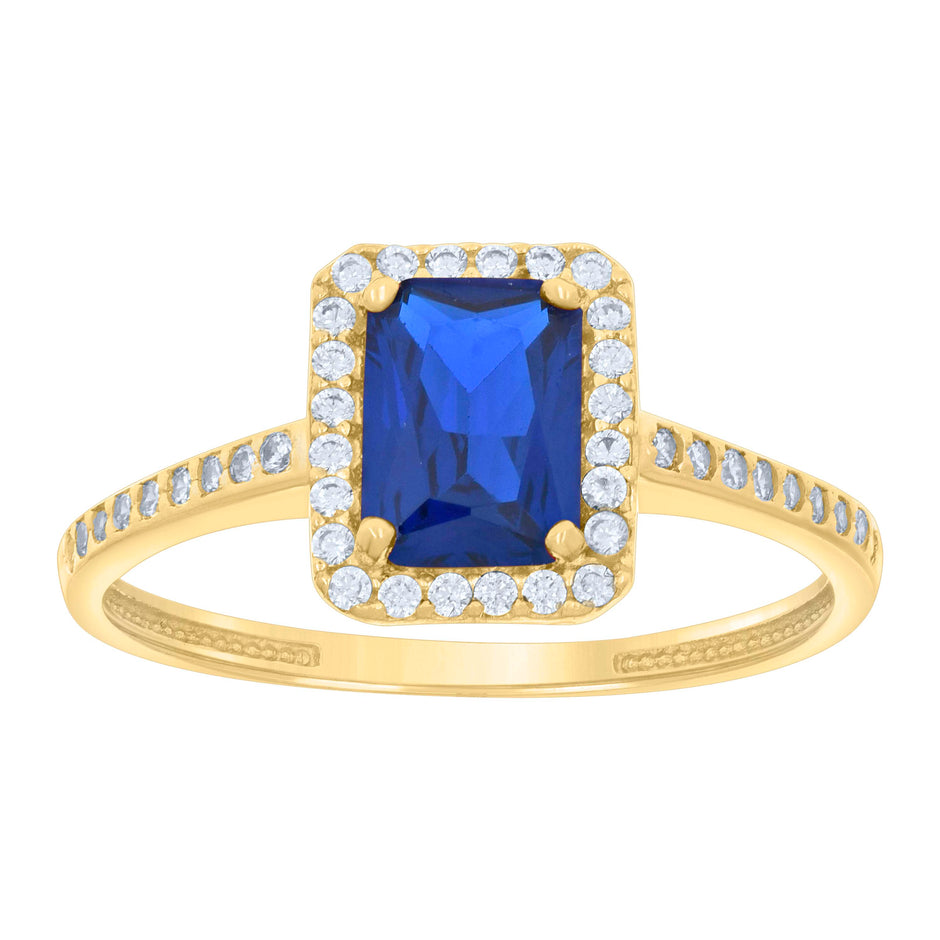 10kt Yellow Gold Womens Blue White Emerald-cut Round Cubic-Zirconia Fashion Ring