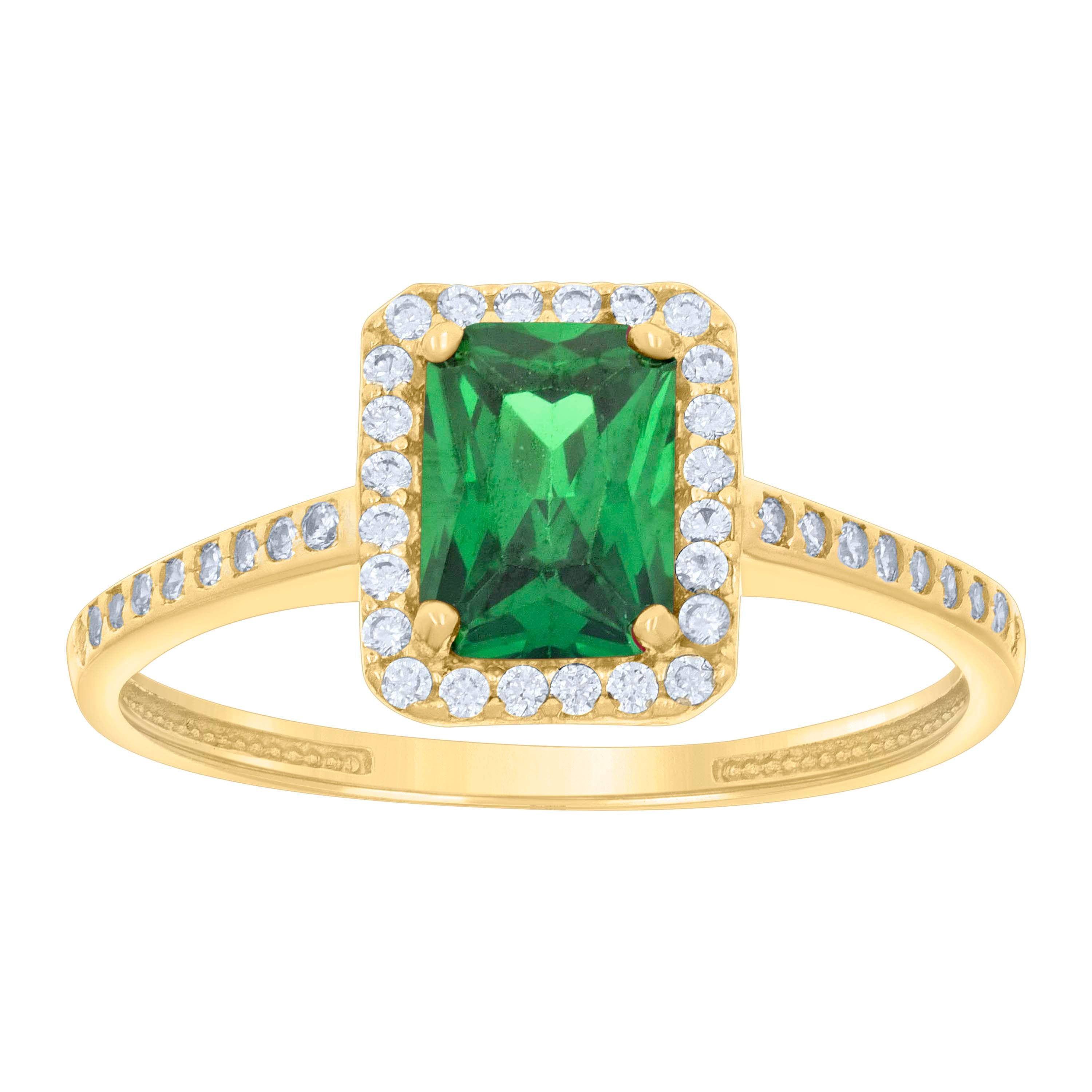 10kt Yellow Gold Womens Green White Emerald-cut Round Cubic-Zirconia Fashion Ring