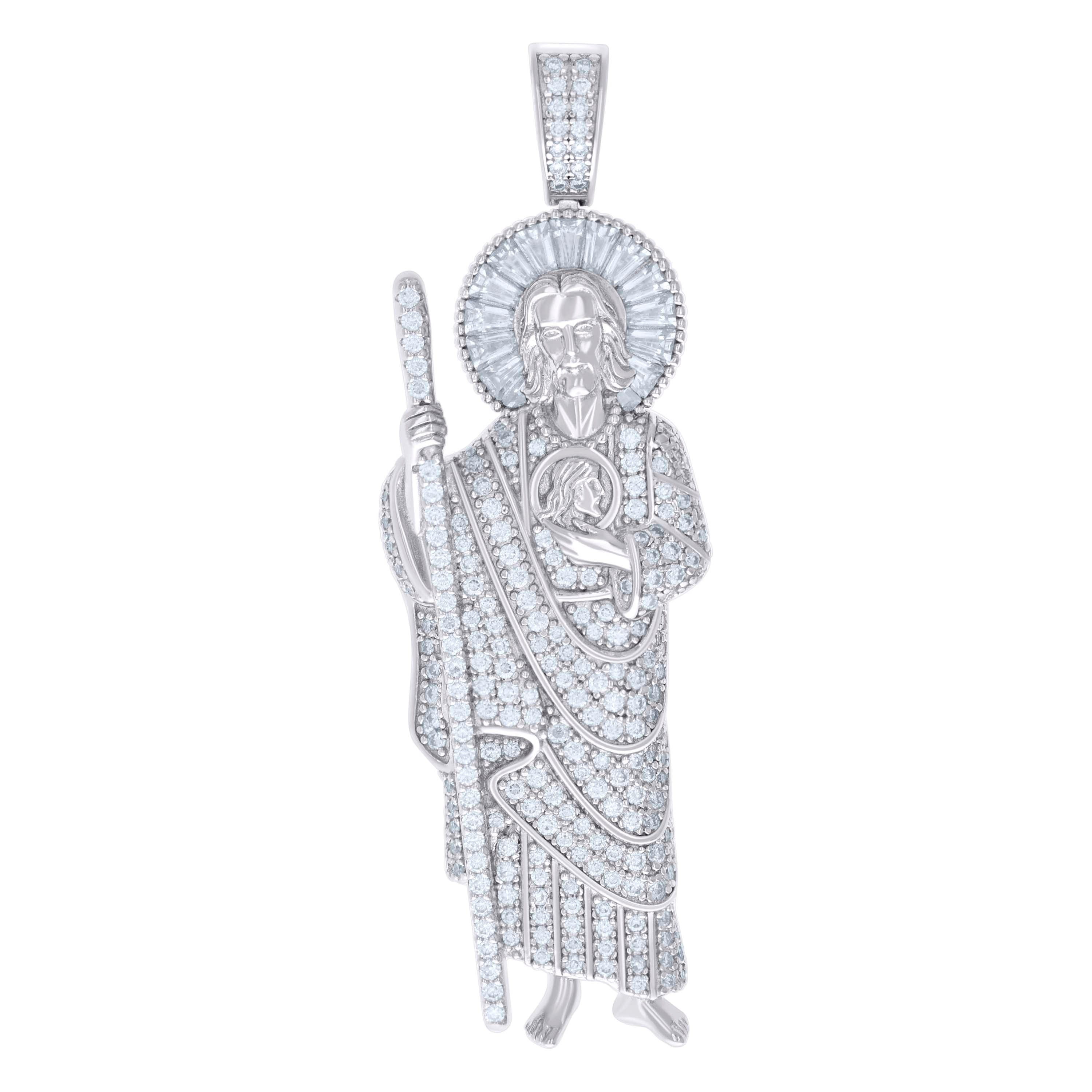 925 Sterling Silver Mens 1.68ct, 1.18ct Baguette Round Moissanite St. Jude Religious Pendant
