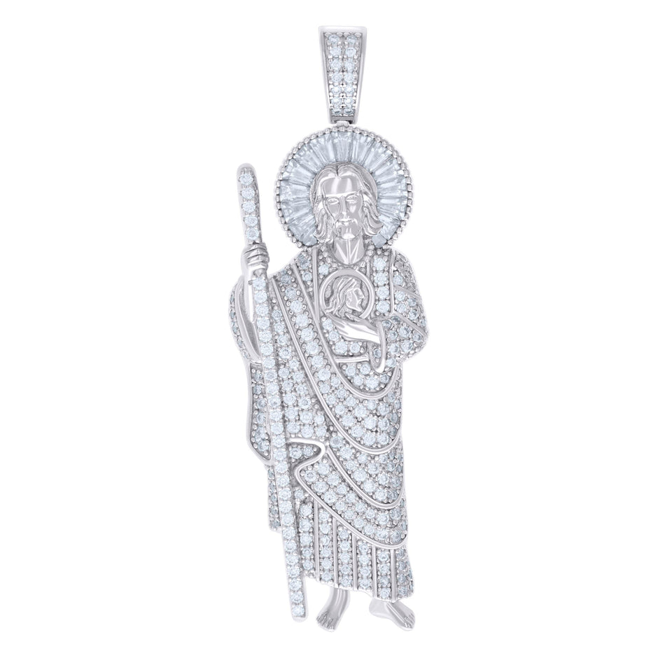 925 Sterling Silver Mens 1.68ct, 1.18ct Baguette Round Moissanite St. Jude Religious Pendant
