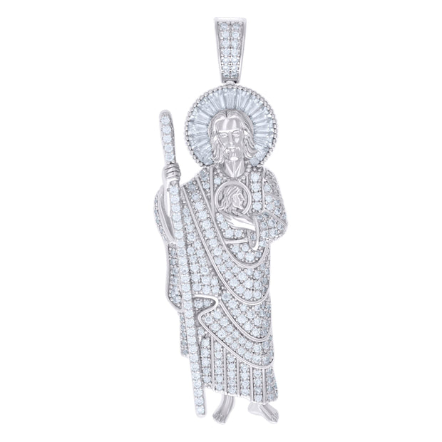 925 Sterling Silver Mens 1.68ct, 1.18ct Baguette Round Moissanite St. Jude Religious Pendant