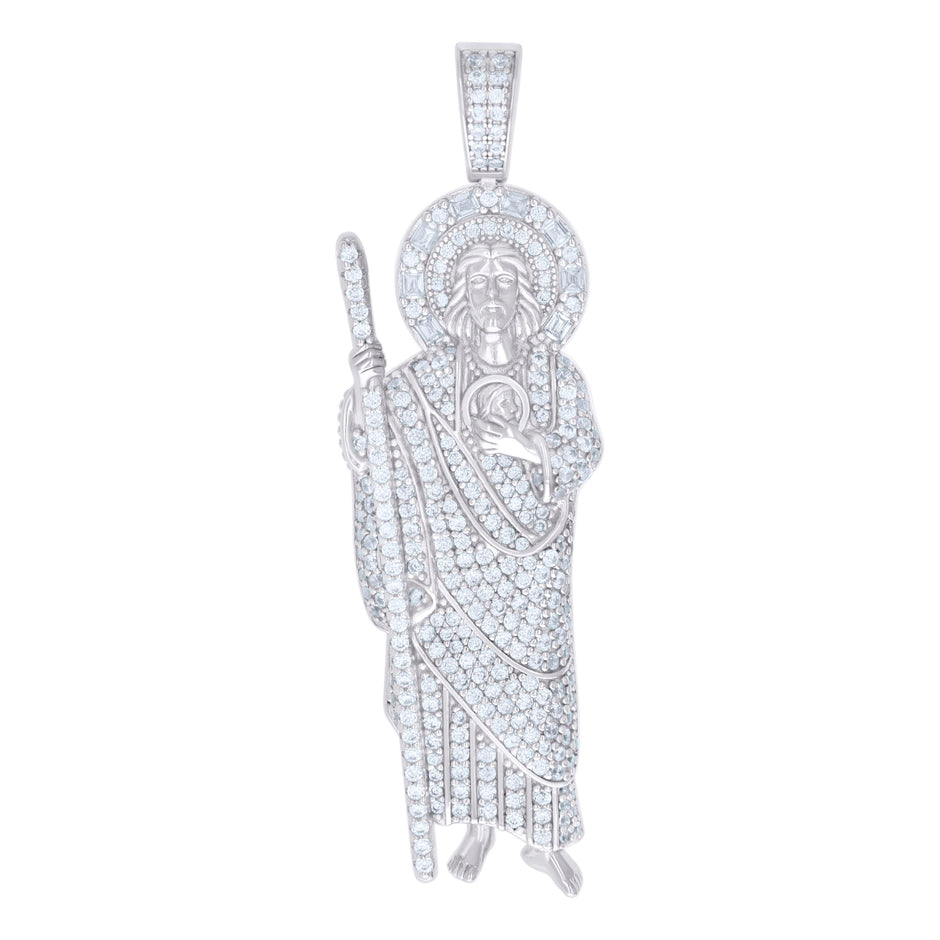925 Sterling Silver Mens Baguette 0.34ct Round 2.30ct Moissanite St. Jude Religious Charm Pendant