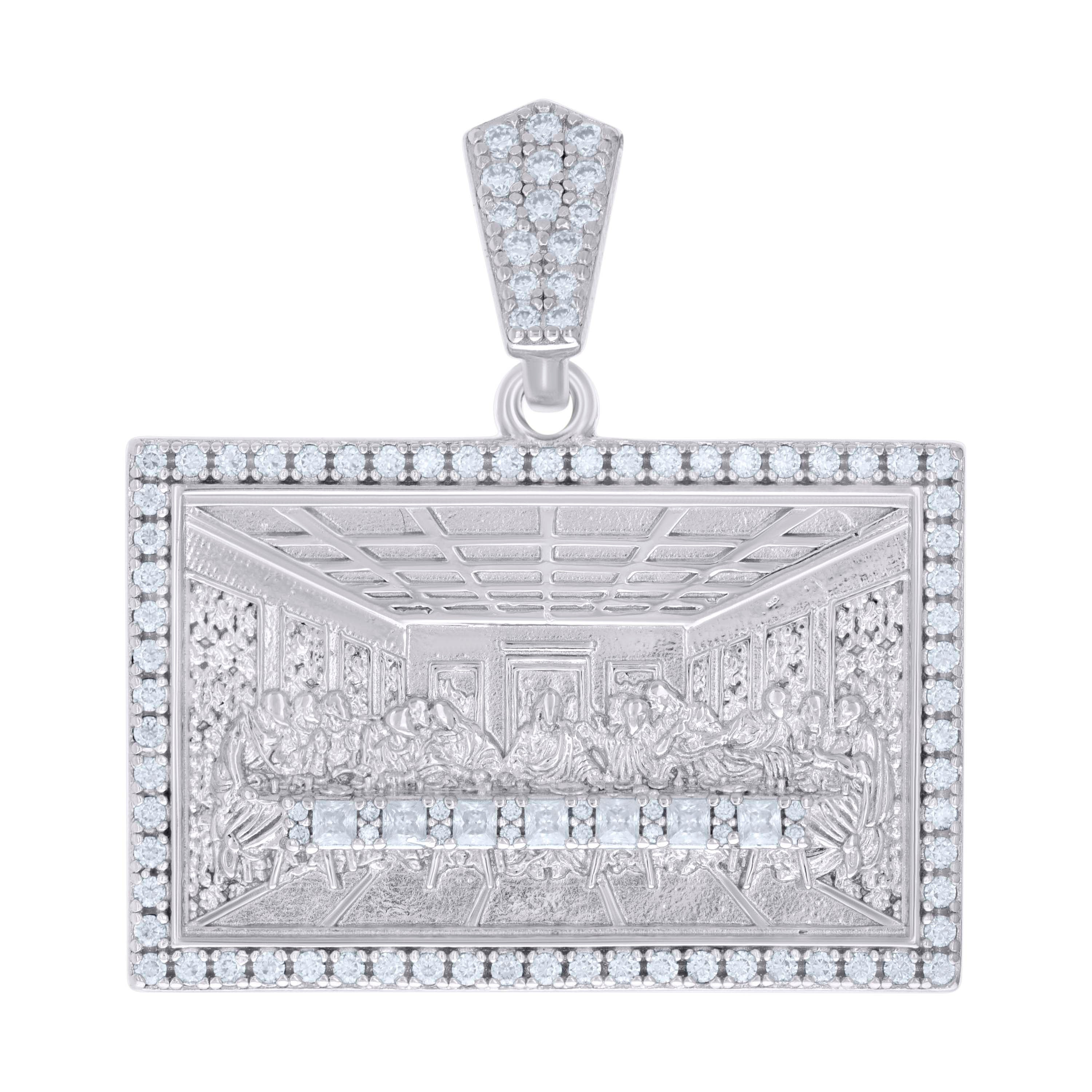 925 Sterling Silver Mens 1.22ct, 0.40ct Baguette Round Moissanite Last Supper Religious Pendant