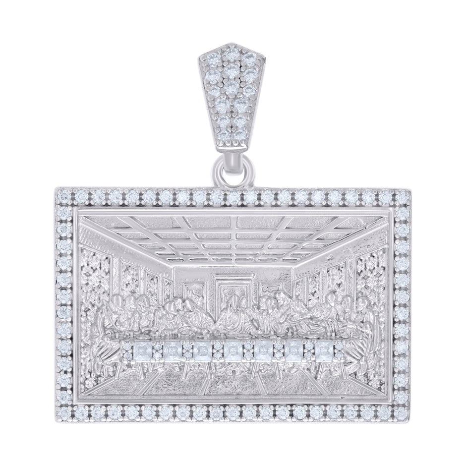 925 Sterling Silver Mens 1.22ct, 0.40ct Baguette Round Moissanite Last Supper Religious Pendant