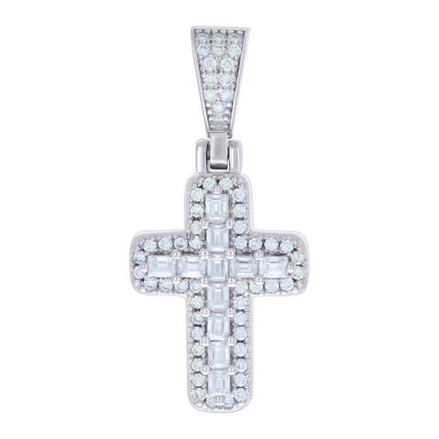 925 Sterling Silver Mens 0.46ct Baguette 0.30ct Round Moissanite Cross Religious Pendant 