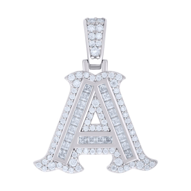 925 Sterling Silver Unisex Baguette Round Moissanite 0.59ct Initial Alphabet A Charm Pendant