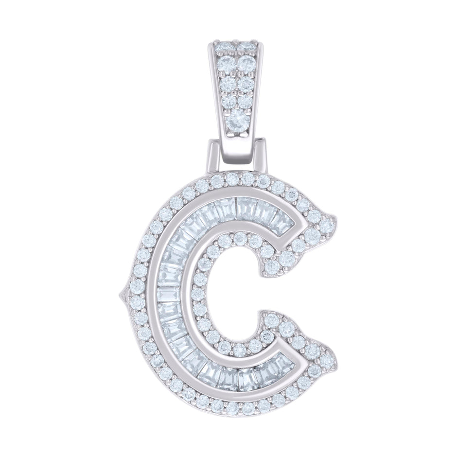 925 Sterling Silver Unisex Baguette Round Moissanite 0.48ct Initial Alphabet C Charm Pendant