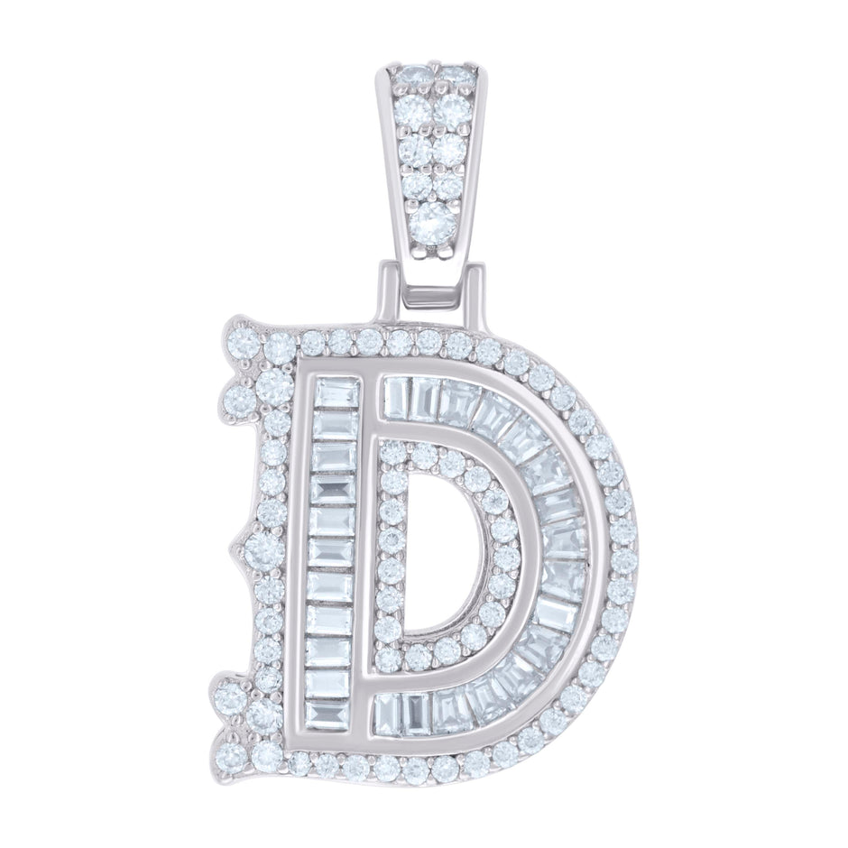 925 Sterling Silver Unisex Baguette Round Moissanite 0.55ct Initial Alphabet D Charm Pendant