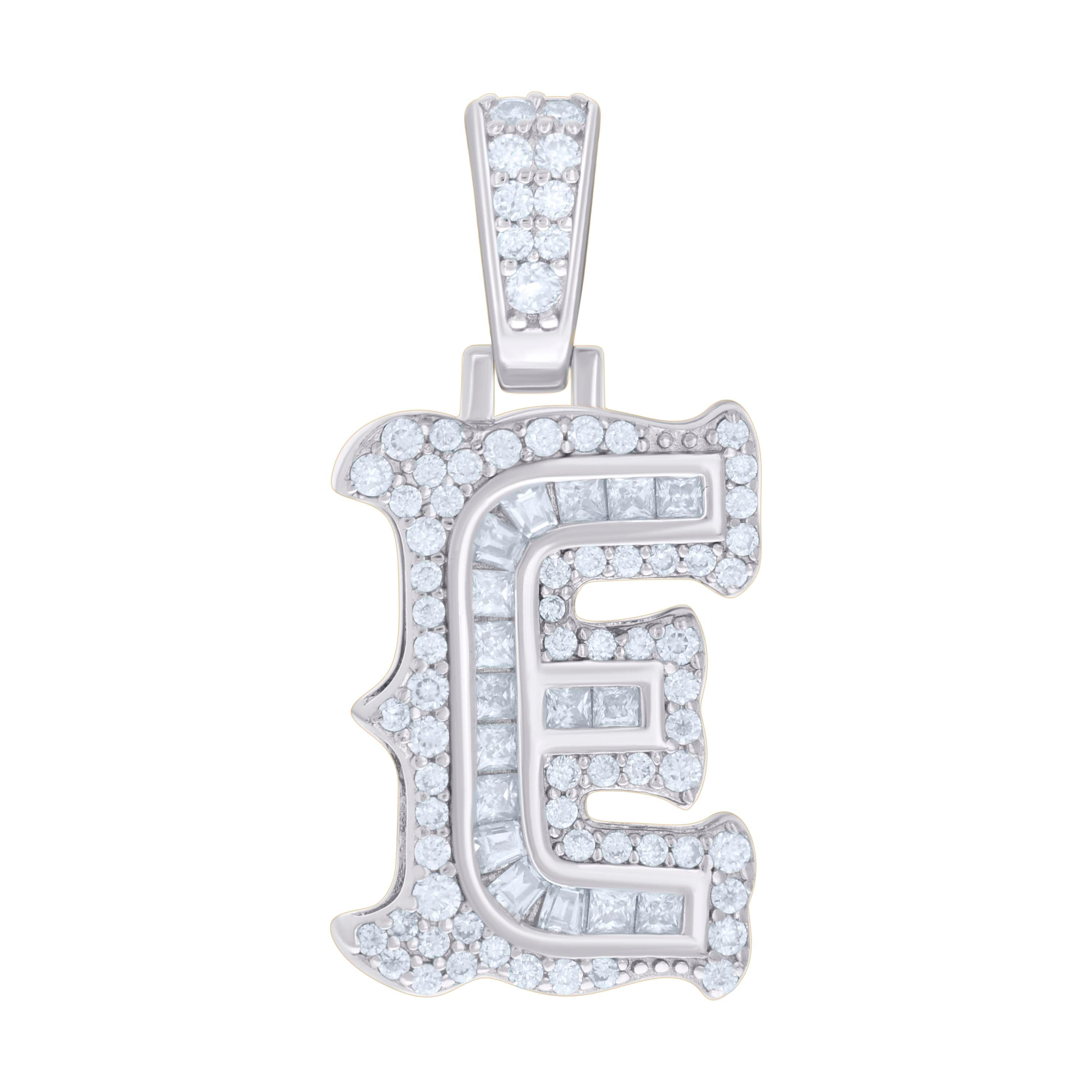 925 Sterling Silver Unisex Baguette Round Moissanite 0.54ct Initial Alphabet E Charm Pendant