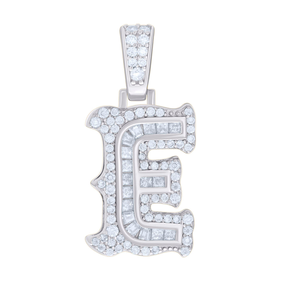 925 Sterling Silver Unisex Baguette Round Moissanite 0.54ct Initial Alphabet E Charm Pendant
