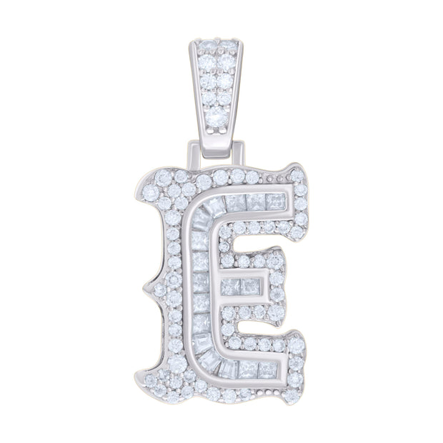 925 Sterling Silver Unisex Baguette Round Moissanite 0.54ct Initial Alphabet E Charm Pendant