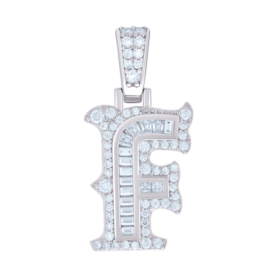 925 Sterling Silver Unisex Baguette Round Moissanite 0.51ct Initial Alphabet F Charm Pendant