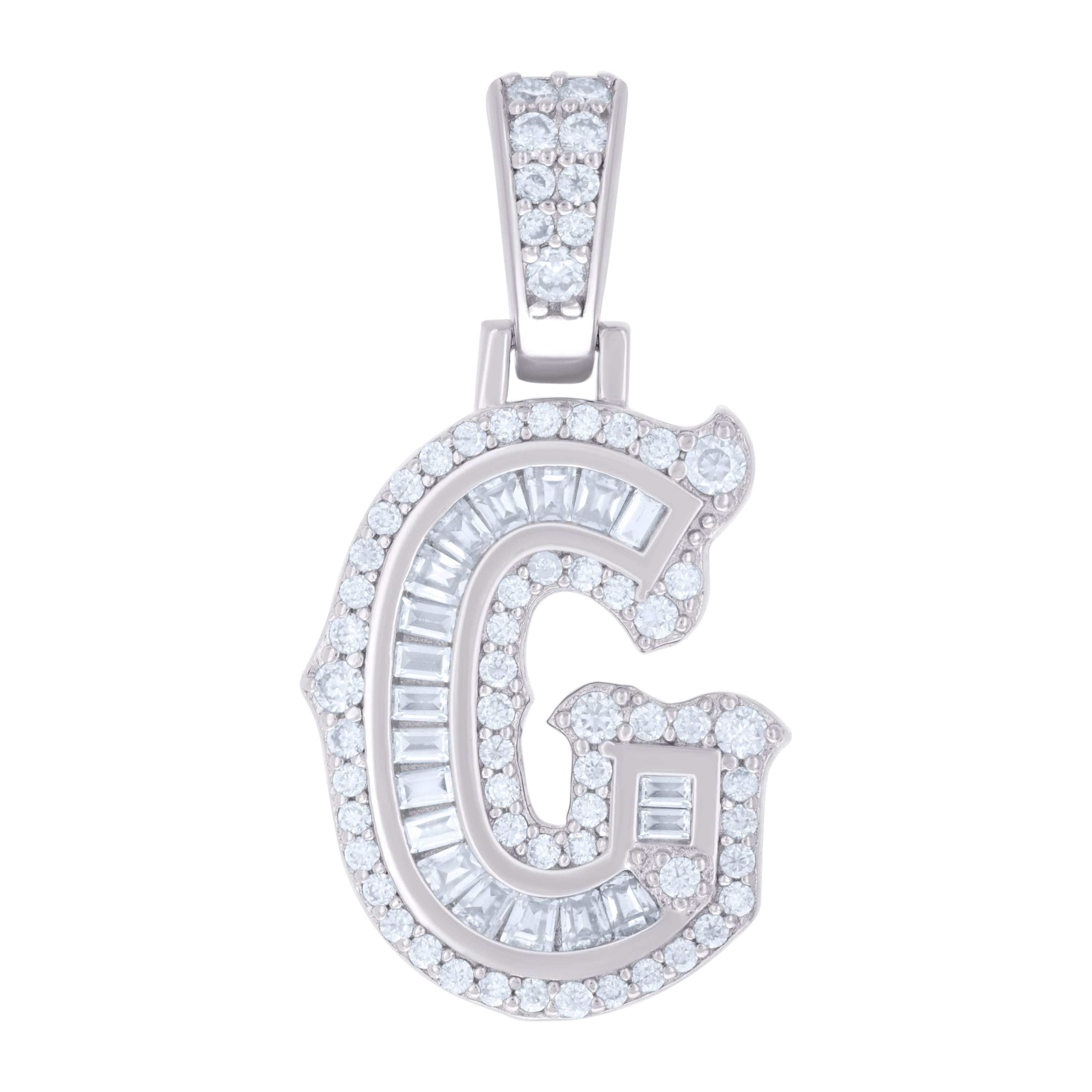 925 Sterling Silver Unisex Baguette Round Moissanite 0.51ct Initial Alphabet G Charm Pendant