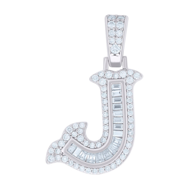 925 Sterling Silver Unisex Baguette Round Moissanite 0.50ct Initial Alphabet J Charm Pendant