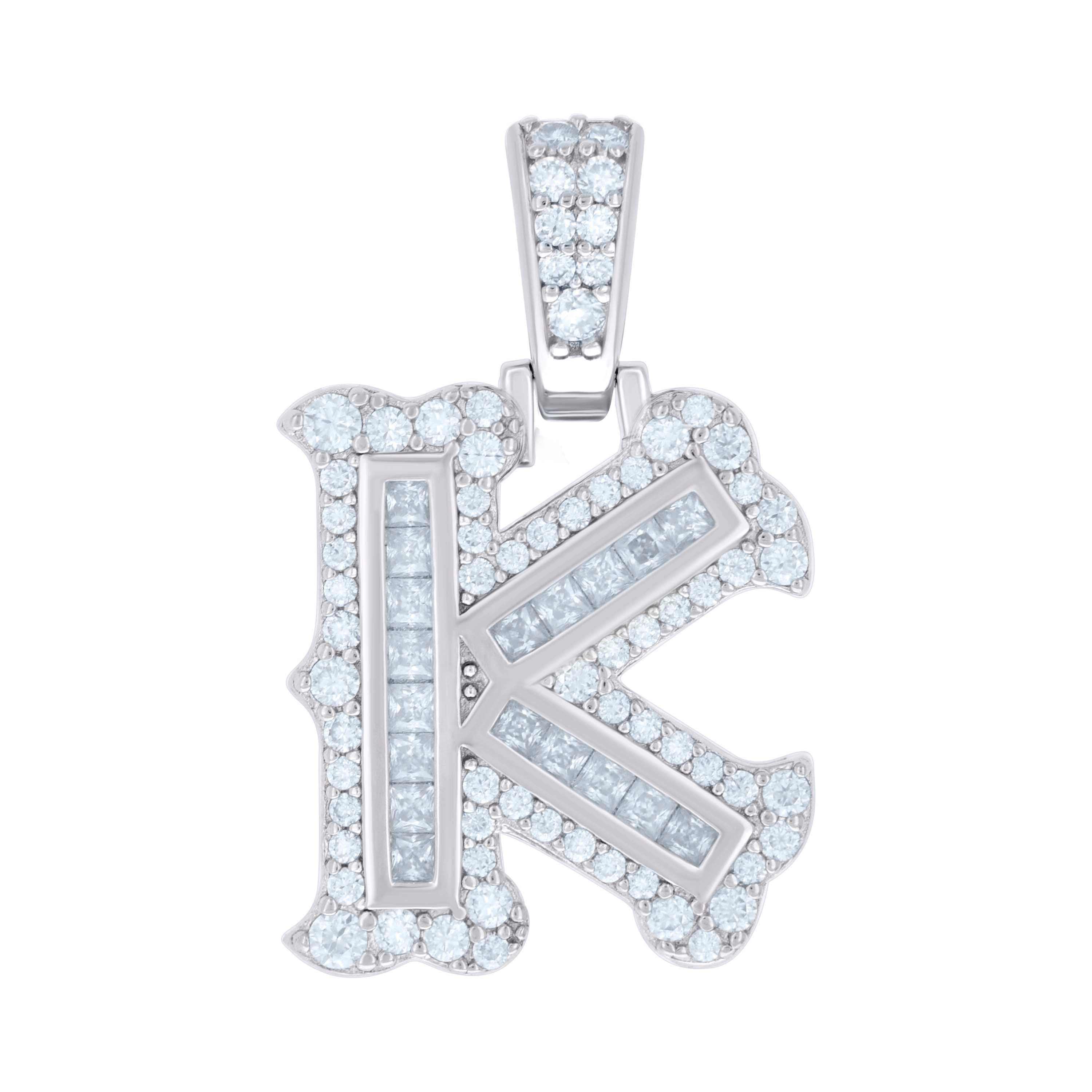 925 Sterling Silver Unisex Baguette Round Moissanite 0.64ct Initial Alphabet K Charm Pendant