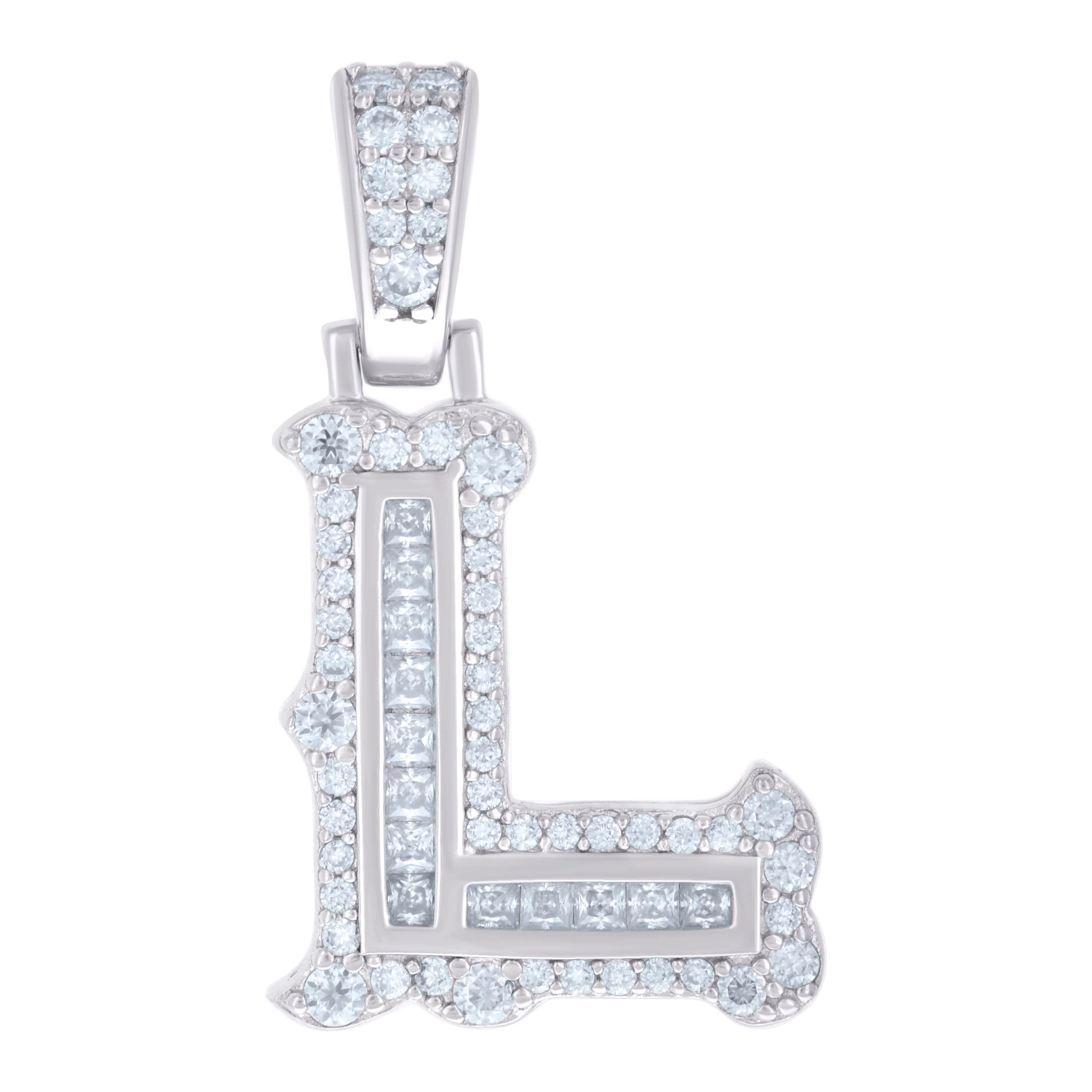 925 Sterling Silver Unisex Baguette Round Moissanite 0.55ct Initial Alphabet L Charm Pendant