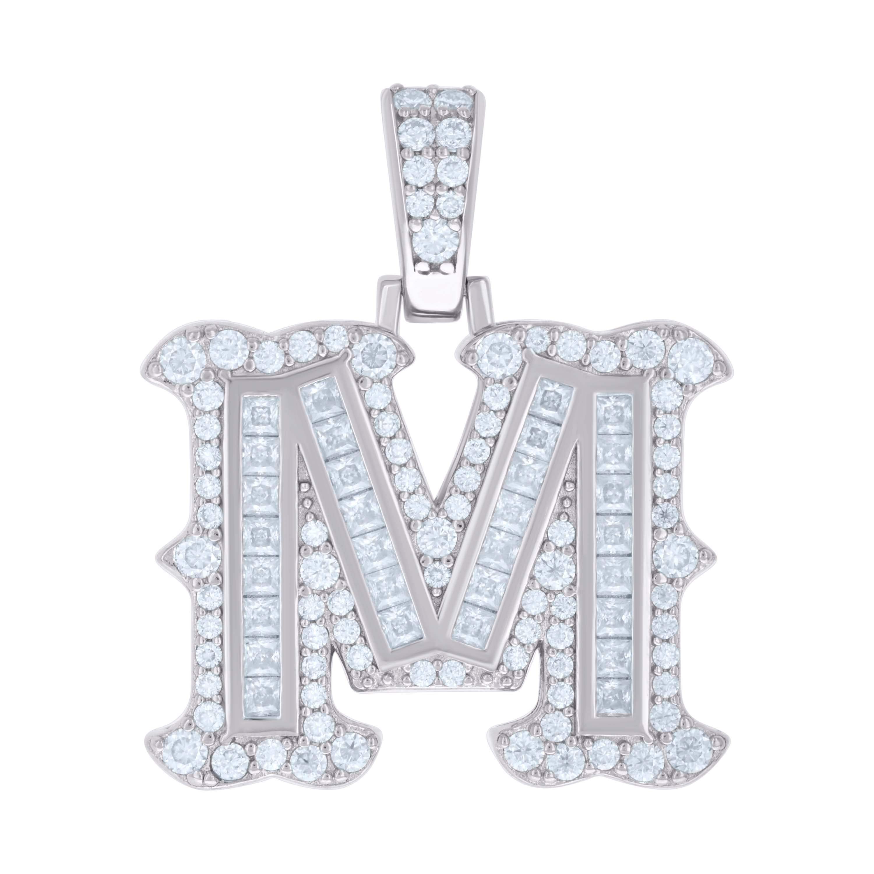 925 Sterling Silver Unisex Baguette Round Moissanite 0.90ct Initial Alphabet M Charm Pendant
