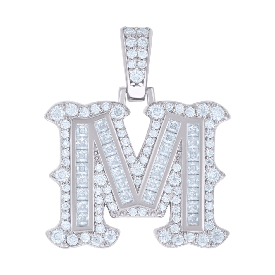925 Sterling Silver Unisex Baguette Round Moissanite 0.90ct Initial Alphabet M Charm Pendant