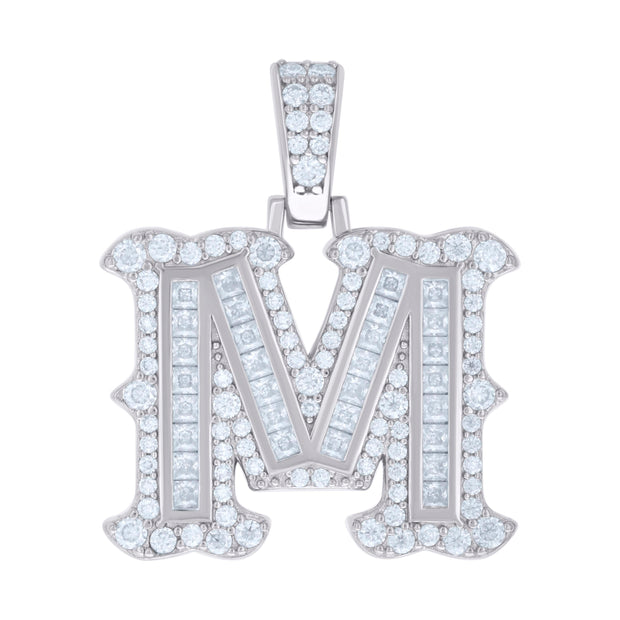 925 Sterling Silver Unisex Baguette Round Moissanite 0.90ct Initial Alphabet M Charm Pendant